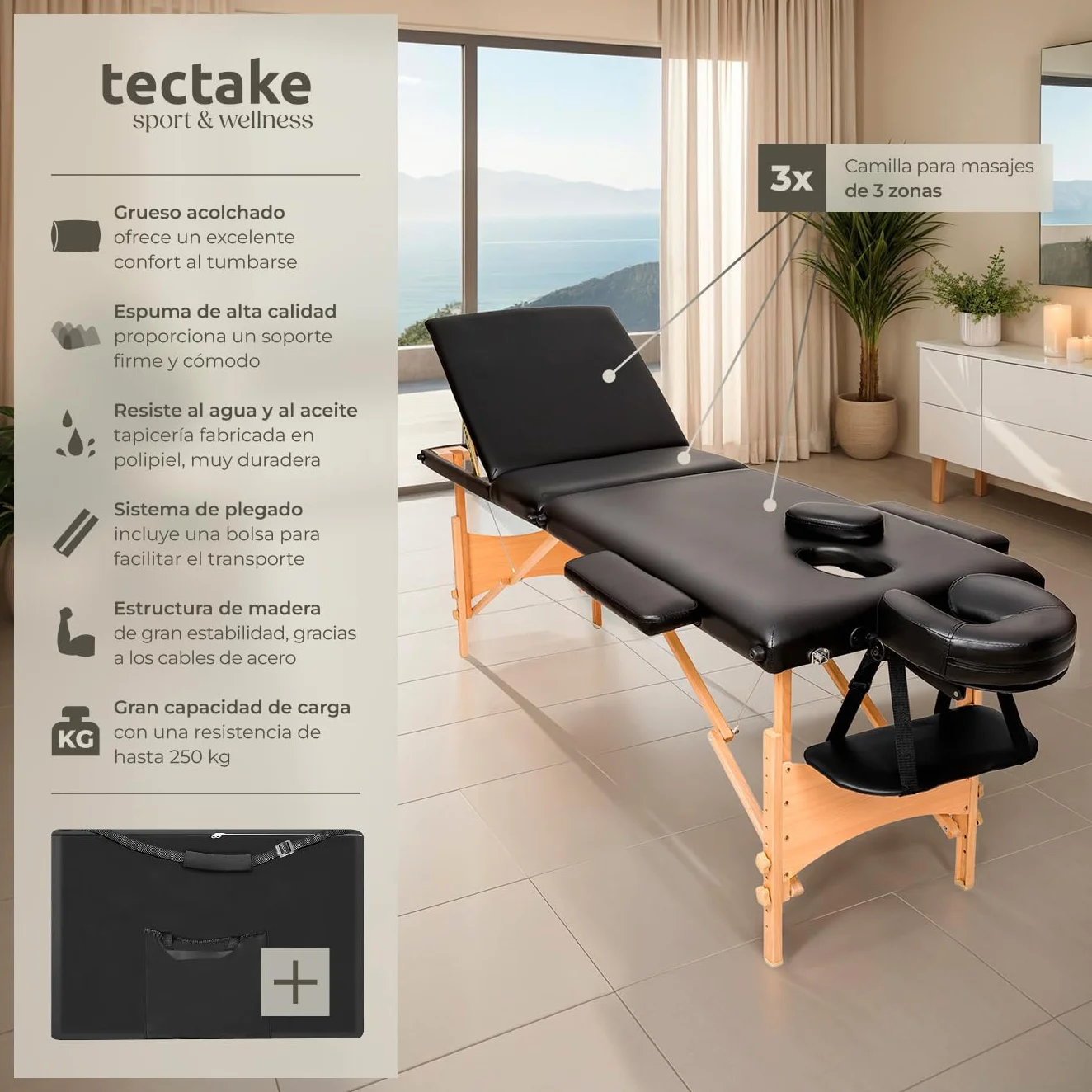 Tectake Camilla Masaje Plegable de Aluminio Profesional para Fisioterapia, Altura Ajustable, 3 Zonas, con Bolsa Transporte - Negro