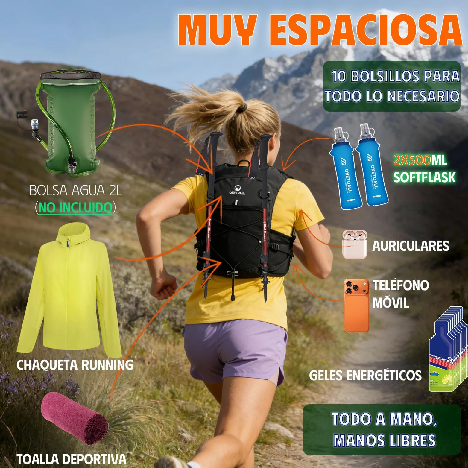 Chaleco Running Hombre Mujer con 2 Botella 500ml y Luz LED Recargable, Chaleco Hidratacion Trail Running, Mochila Hidratacion Running Vest Mochila Running para Correr Senderismo Montaña
