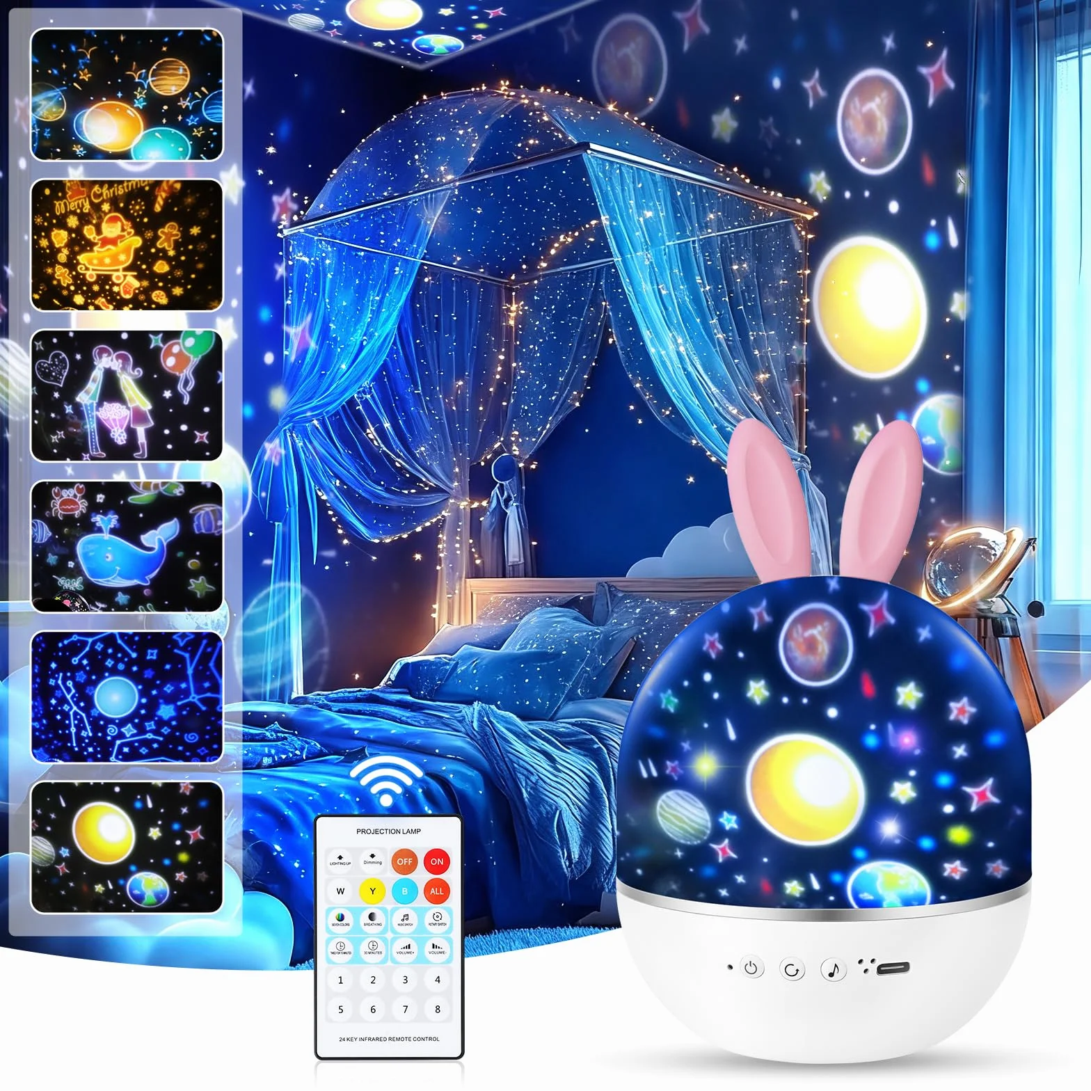 URAQT Lámpara Infantil Proyector de Luz Nocturna Juguete Estrella Giratorio con Mando a Distancia y 8 Música