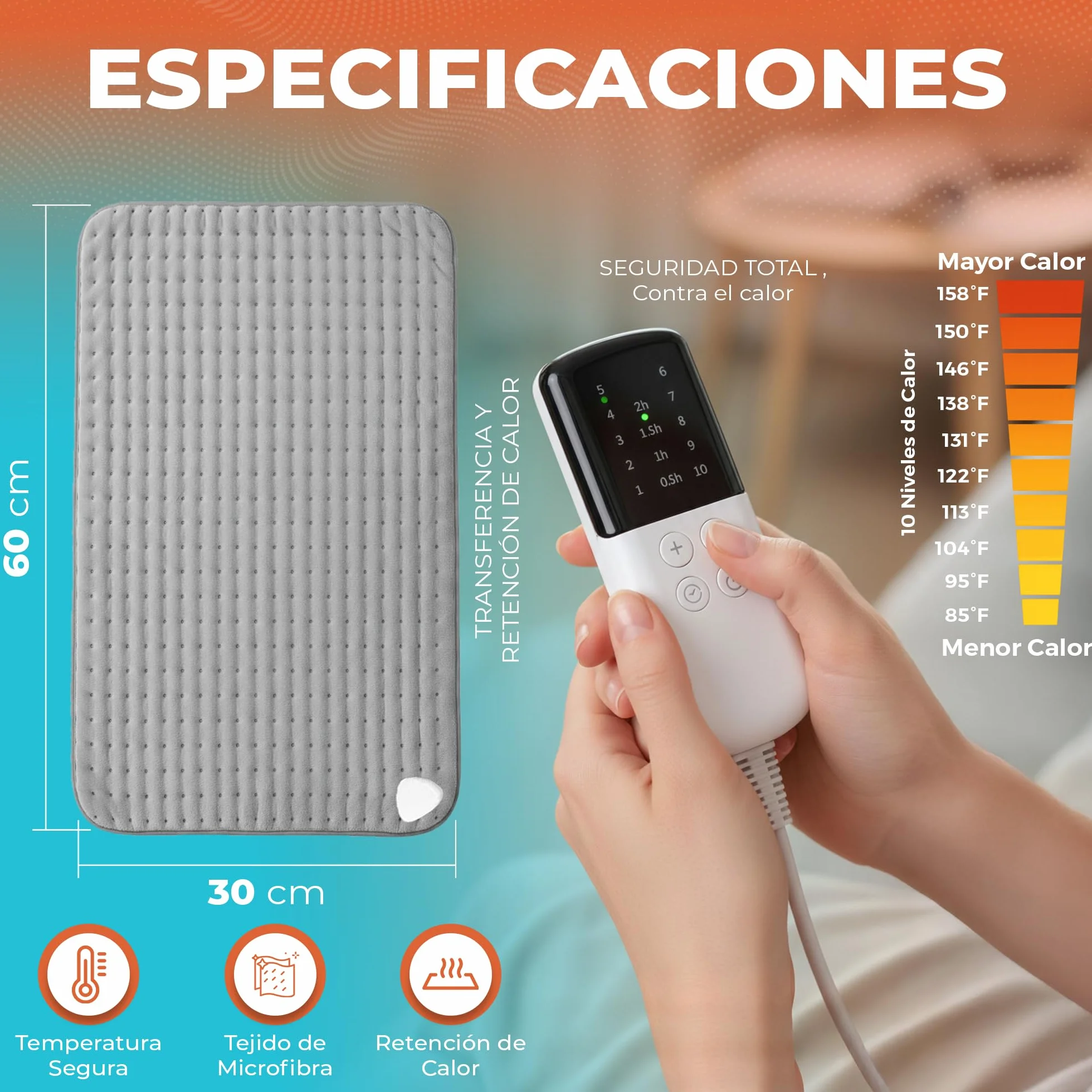 Super Manta Eléctrica Premium con 10 Modos de Temperatura + Bolsa de Transporte Almohadilla Lumbar