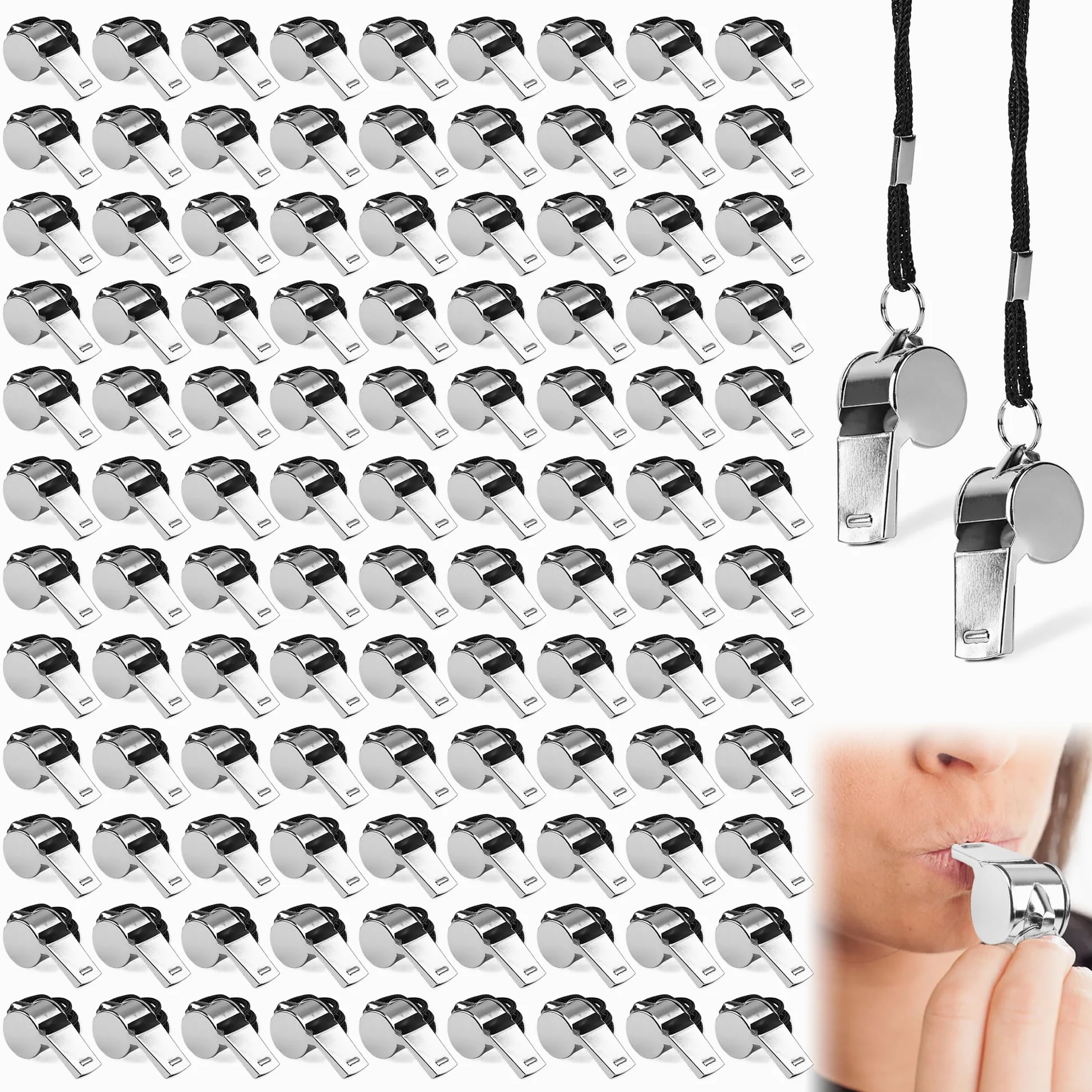 110 silbatos de metal de acero inoxidable con cordón, para entrenadores, adultos, silbato de emergencia para policías, escuela, profesores, entrenadores, policía, entrenamiento, árbitro de fútbol