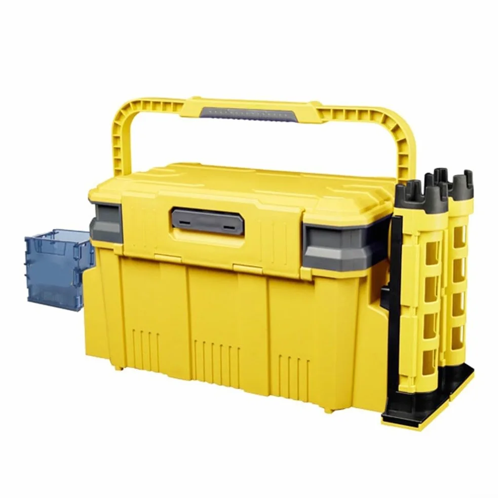 Caja de aparejos de pesca 19 5L con soportes de doble poste y portavasos, compartimentos personalizables para un almacenamiento eficiente y fácil transporte (amarillo)