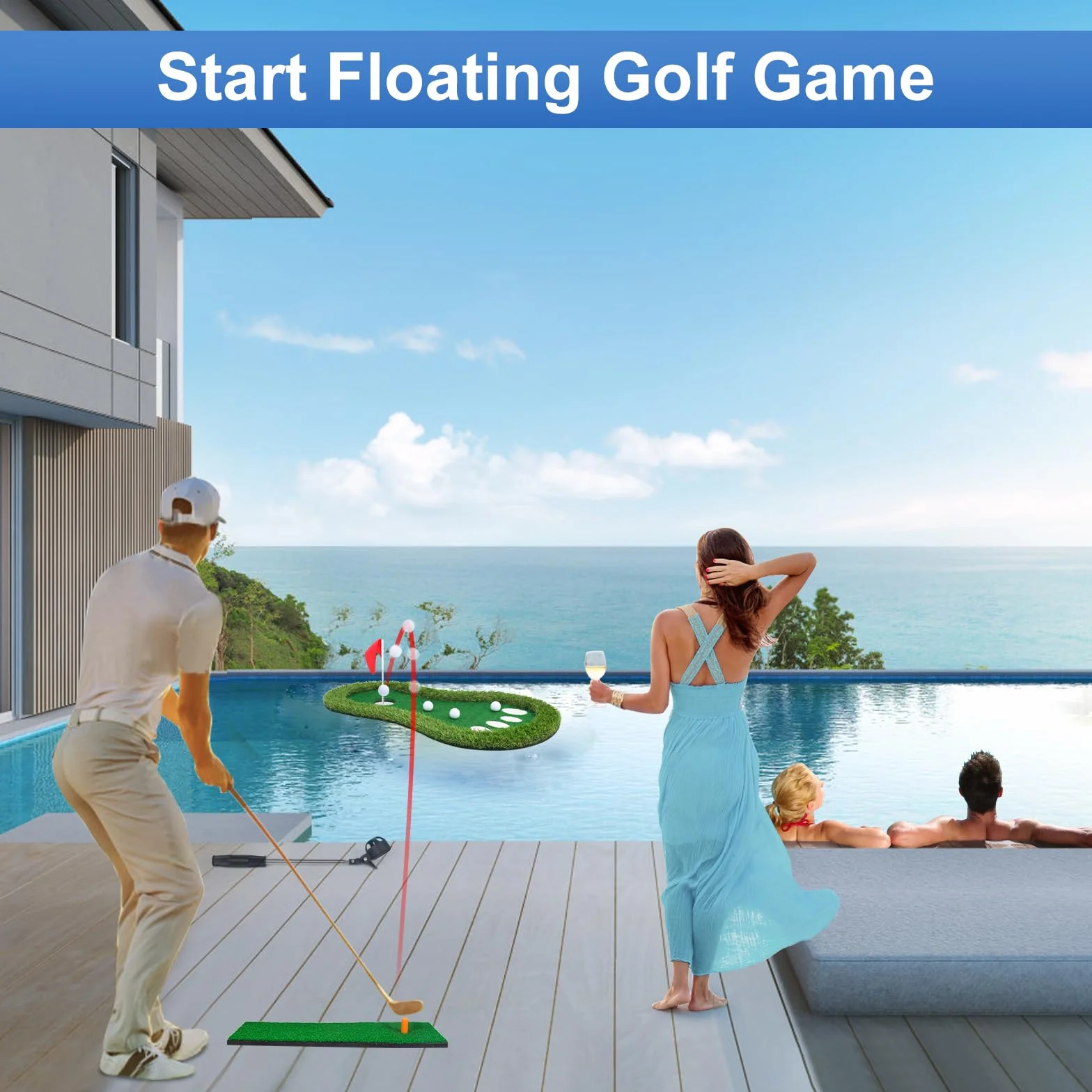 Juego de golf flotante verde para piscina, tapete verde flotante con recuperador de bolas para piscina/lago, juego de golf flotante para golfistas