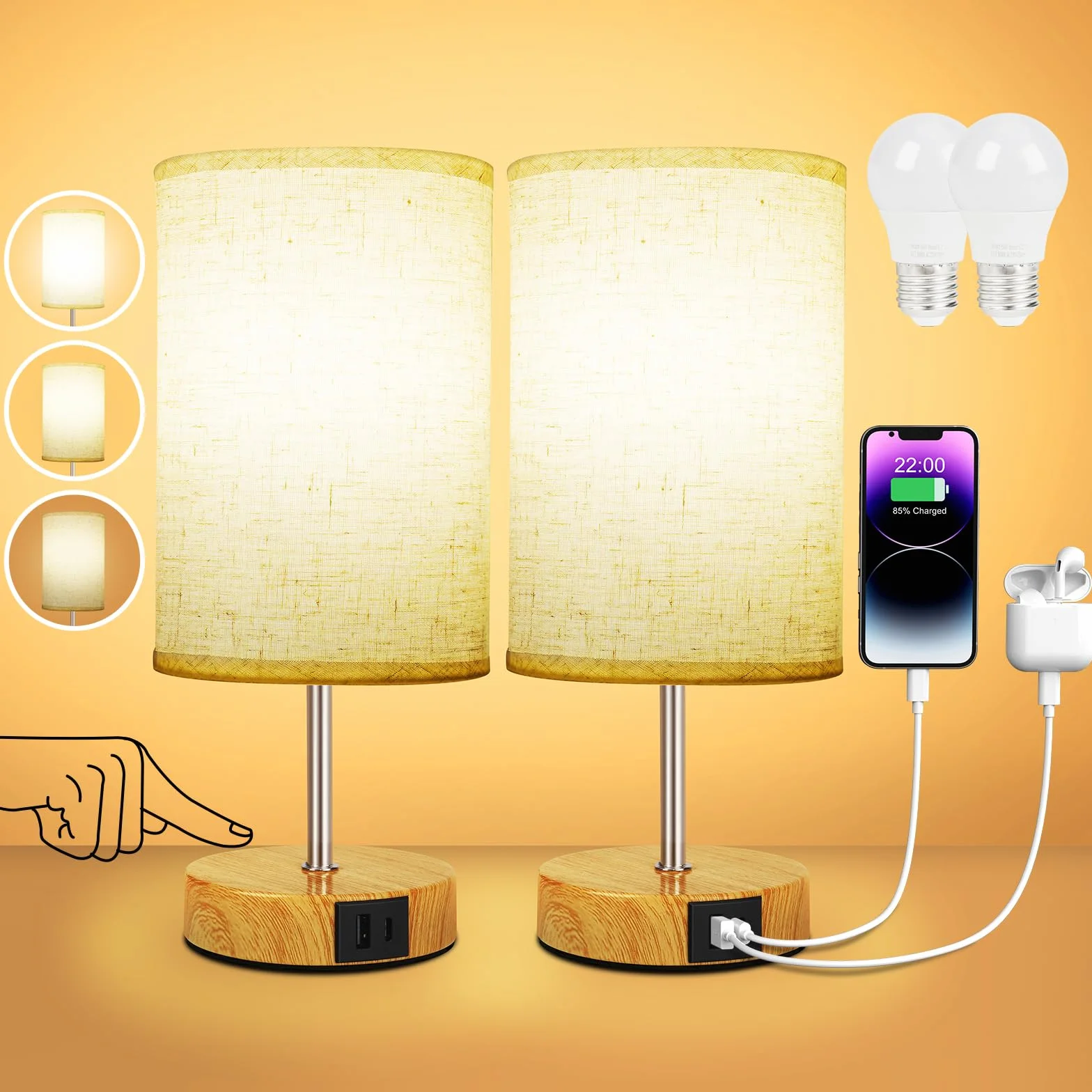 Suright Lámpara de Mesita de Noche Táctil Regulable con Puertos USB A+C, Lámpara de Mesa Pequeña para Dormitorio