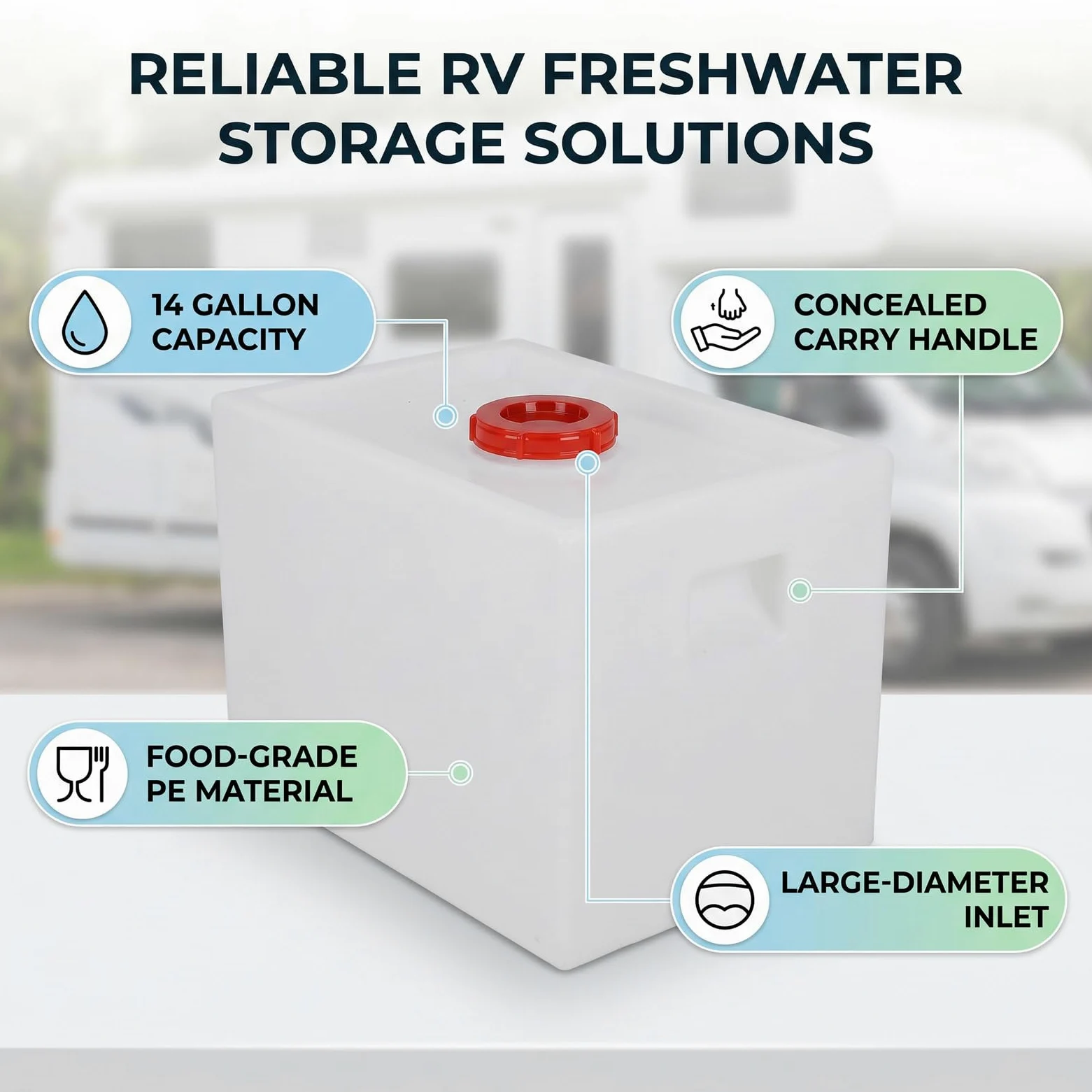Acouto Tanque de Agua Dulce para Vehículos Recreativos de 14 Galones, 21,46 X 13,78 X 13,78 Pulgadas, LLDPE de Grado Alimenticio, Tanque de Retención de Agua de una Pieza sin Costuras