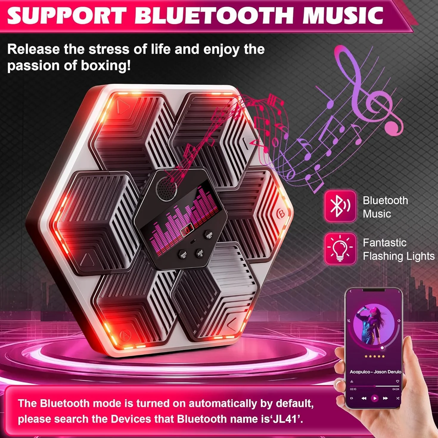 Máquina de Boxeo Musical con Bluetooth, 14 Modos, 16 Velocidades, Recuento Inteligente y Luces