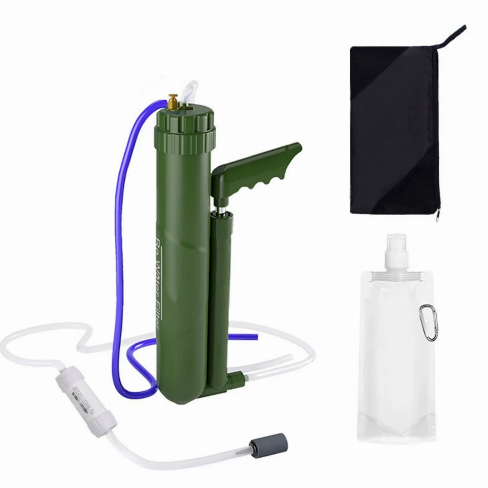 F Fityle Purificador de Agua Portátil Bomba Manual Filtro Depurador Strainer con Estuche de Transporte y Botella con Mosquetón Material Acero Inoxidable y