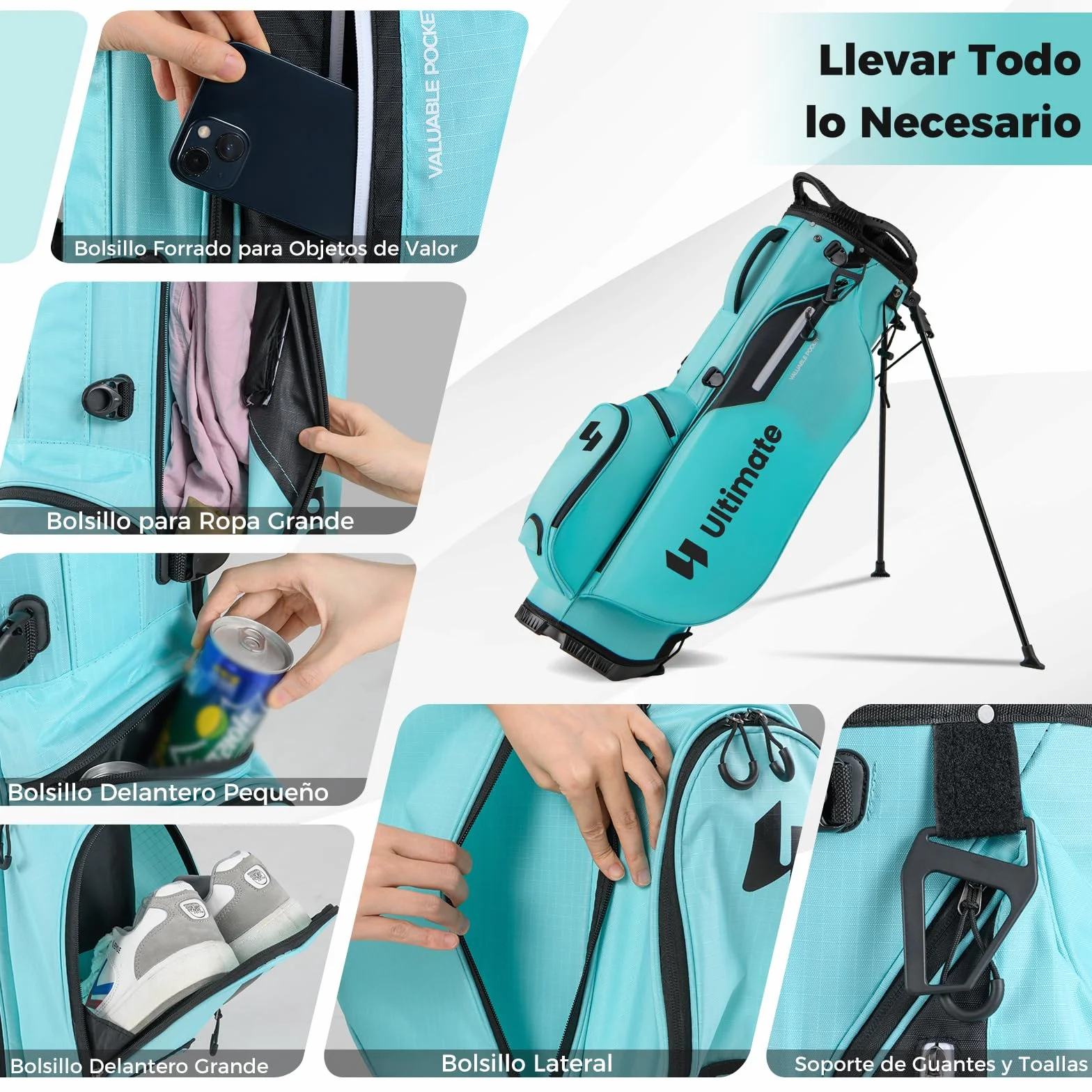 COSTWAY Bolsa Golf con Soporte, 8 Divisores, 5 Bolsillos, Correa Ajustable, Capucha Lluvia