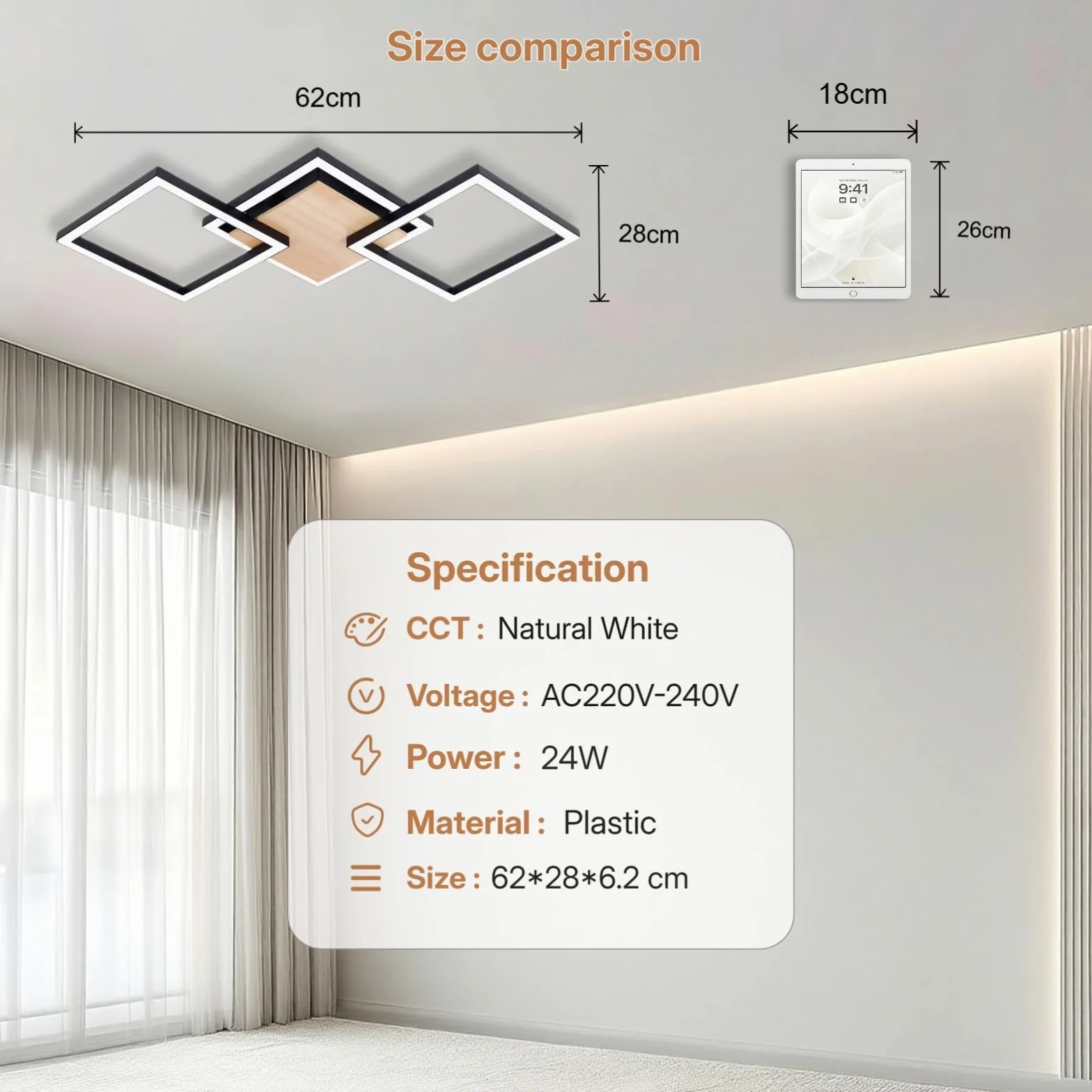 BrightFly LED Techo 24W Moderna Lámpara de Techo LED 3100LM Blanco Frío 6500K Cuadrado