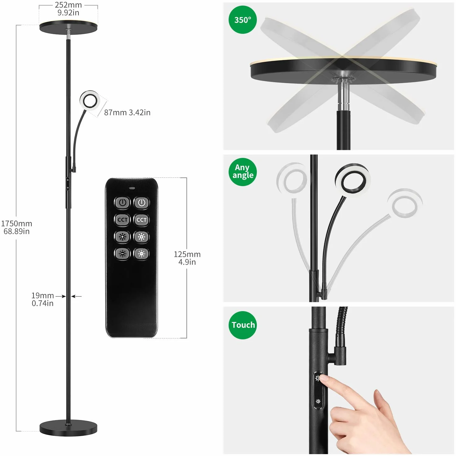 Modlicht 35W Lampara de Pie LED Negro 4200lm 6 Modos 3000-6000K Regulable Control Remoto Táctil Timer 1H