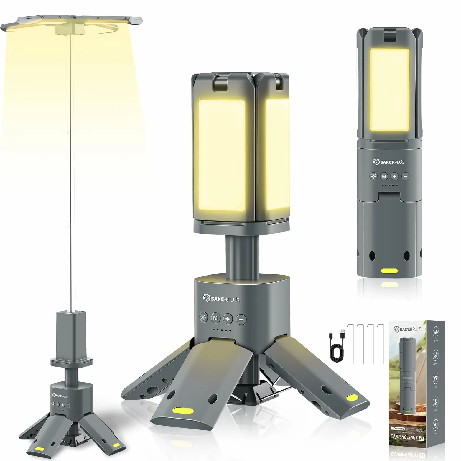 SakerPlus Linterna telescópica de camping, fuente de alimentación recargable de 14000 mAh, lámparas magnéticas regulables de 6000 lúmenes, iluminación de trabajo