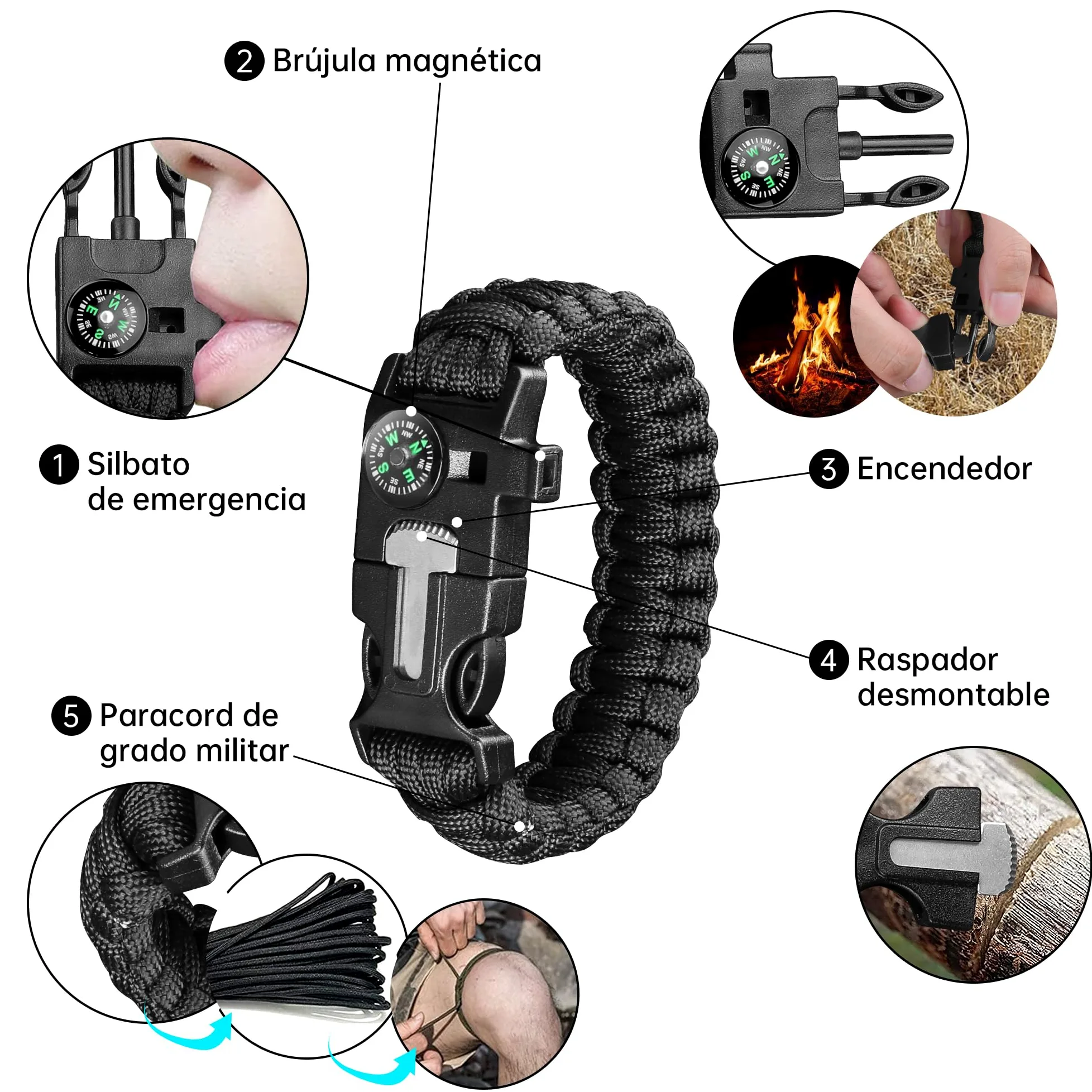 Plys Cuchillo Caza Cuchillo Supervivencia: Cuchillo de CinturóN de Hoja Recta Con Funda de Cuero,Pulsera de Paracord,Mango de Madera,Regalos Para Hombres