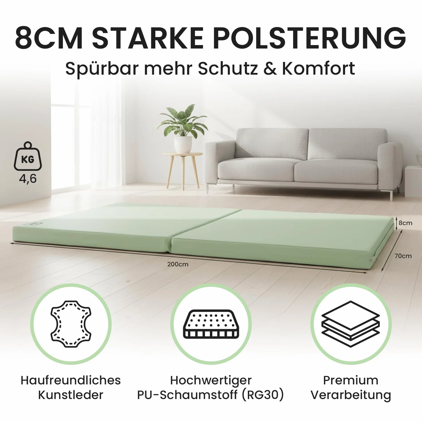 Jeflex – Esterilla plegable y esterilla de gimnasia plegable 1 vez – 200 x 70 x 8 cm – Fabricado en Alemania/esterilla de gimnasia portátil/ahorra espacio y esterilla de juego para habitación infantil