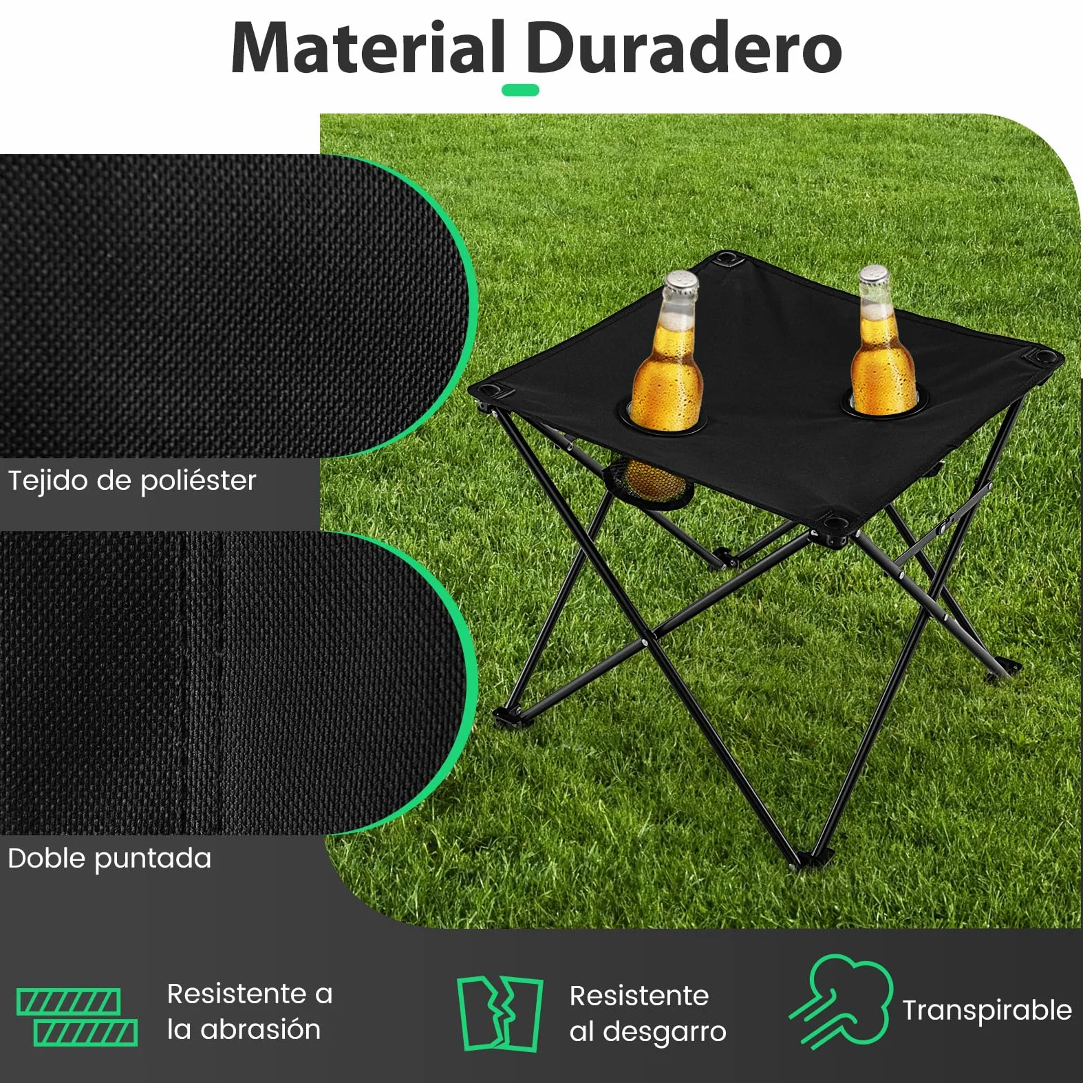 COSTWAY Juego de Sillas Camping Plegable y Mesa, 2 Sillas Camping Portátil y Mesa Auxiliar con 2 Portavasos, Bolsa de Transporte, Pesca, Picnic, Barbacoa, Negro