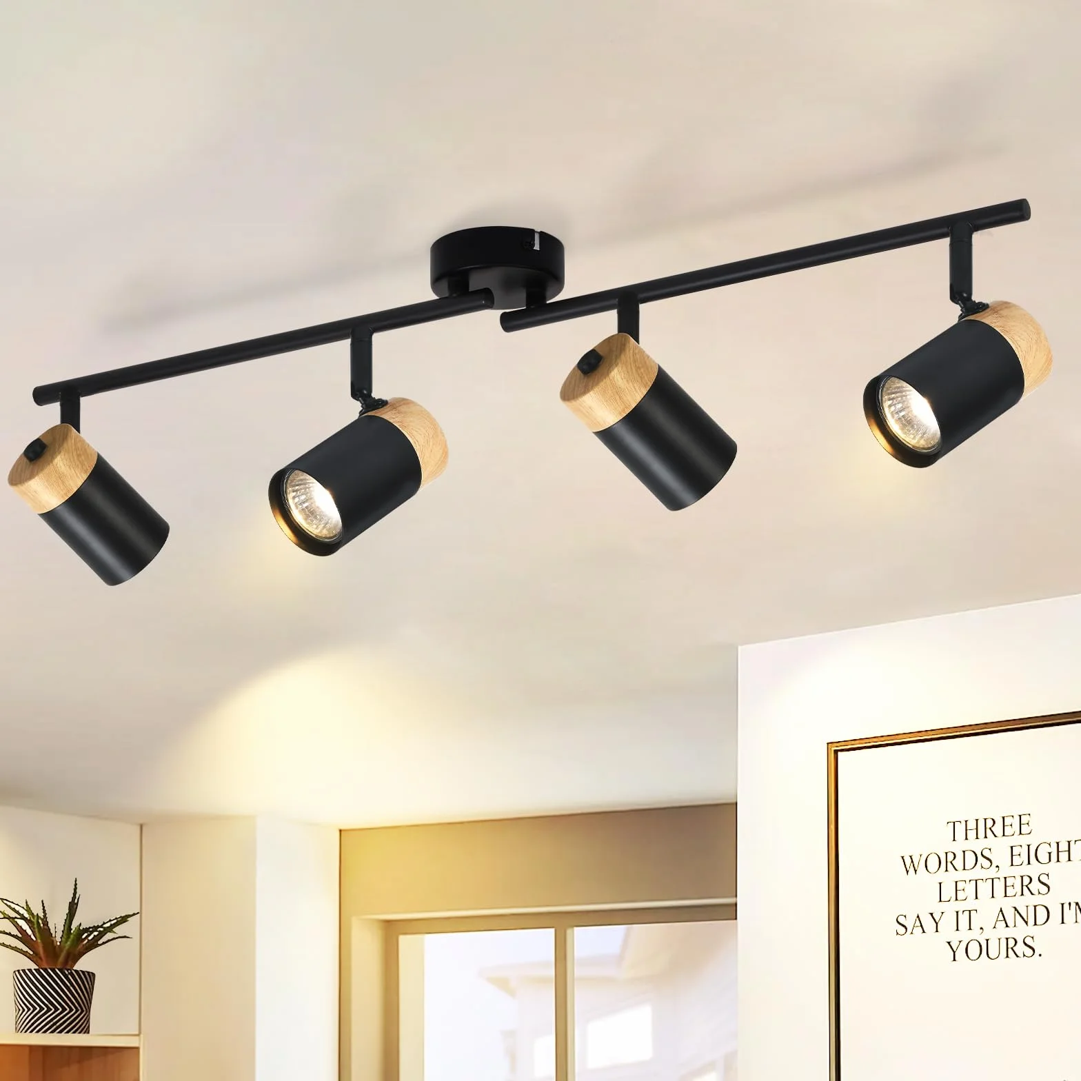 Plafón de madera negro LED orientable 330° 4 brazos GU10 para salón cocina habitación infantil
