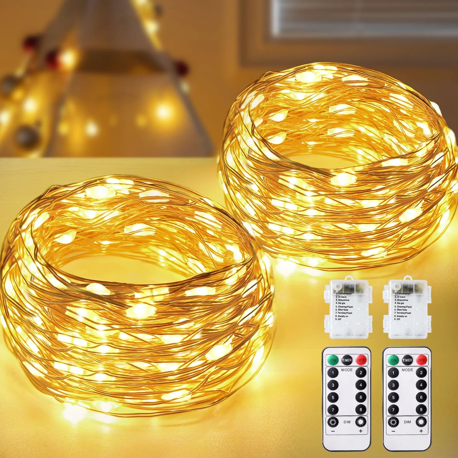 Guirnalda Luces LED Pilas 24M IP65 Impermeable 8 Modos Brillo Ajustable Control Remoto