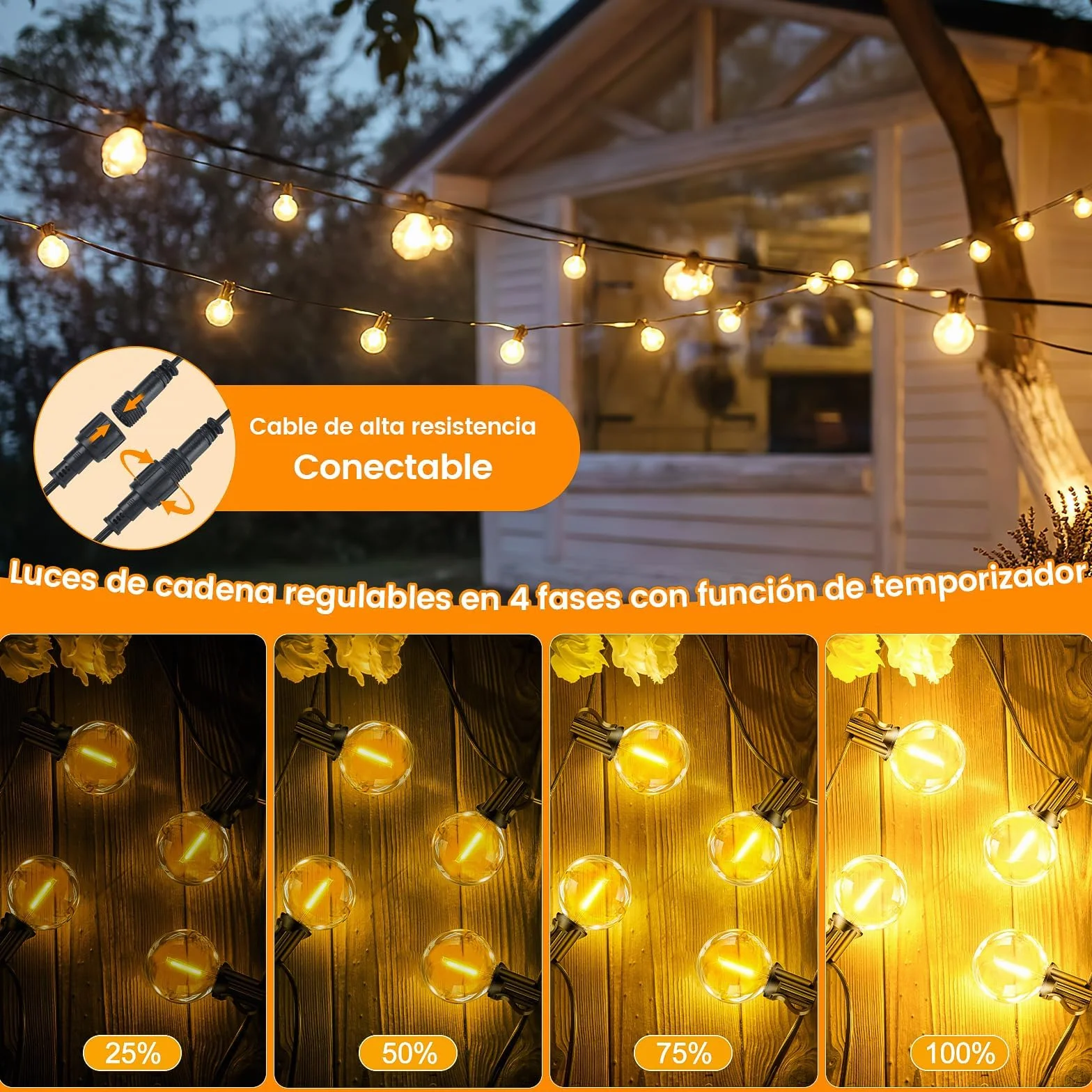 Guirnaldas Luces Exterior Jardín 30M LED G40 IP44 Impermeable Dimmable