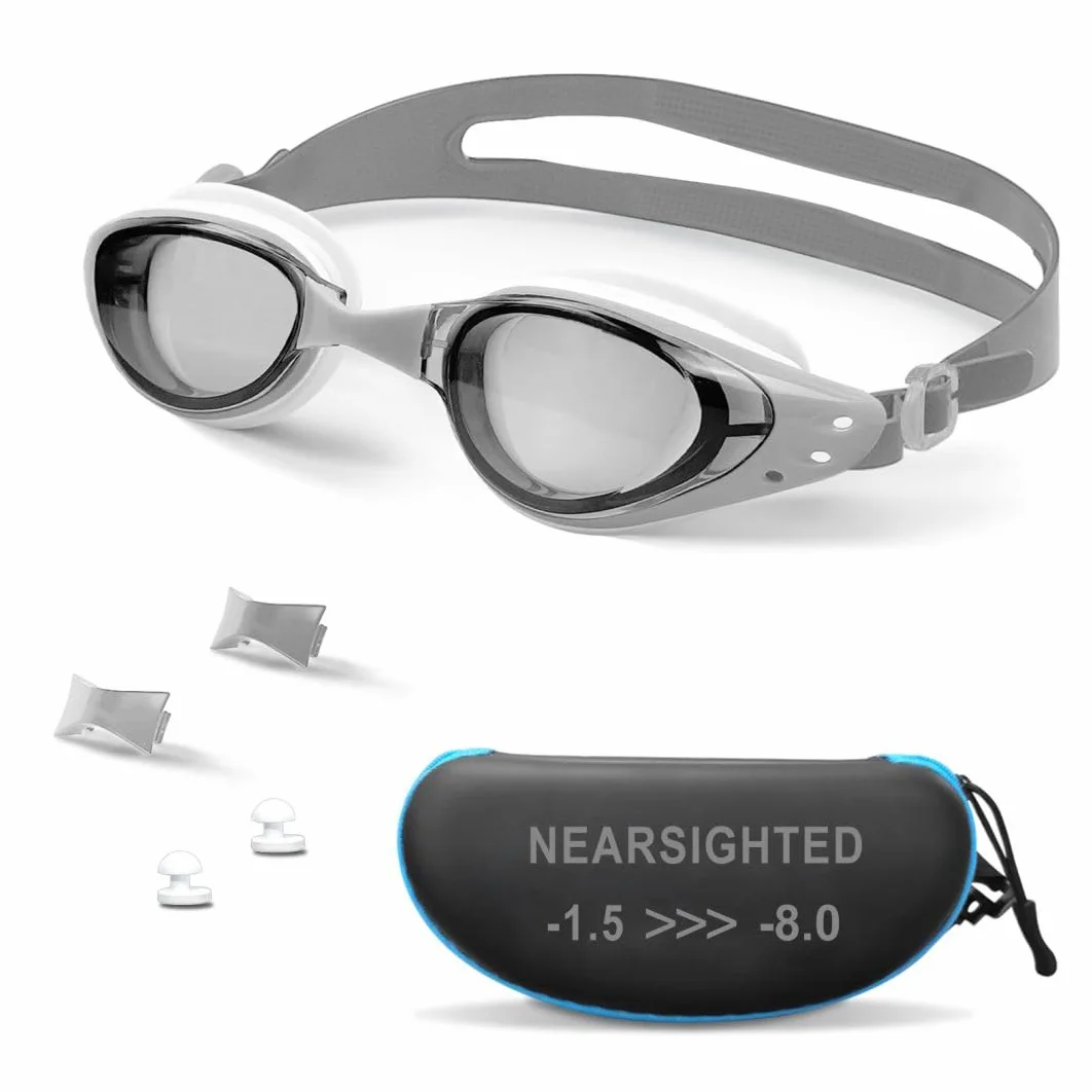 Gafas de natación para miopía, para adultos, jóvenes, hombres, mujeres, antivaho, anti-UV, para natación en interiores y exteriores, sin fugas, color gris -5.0