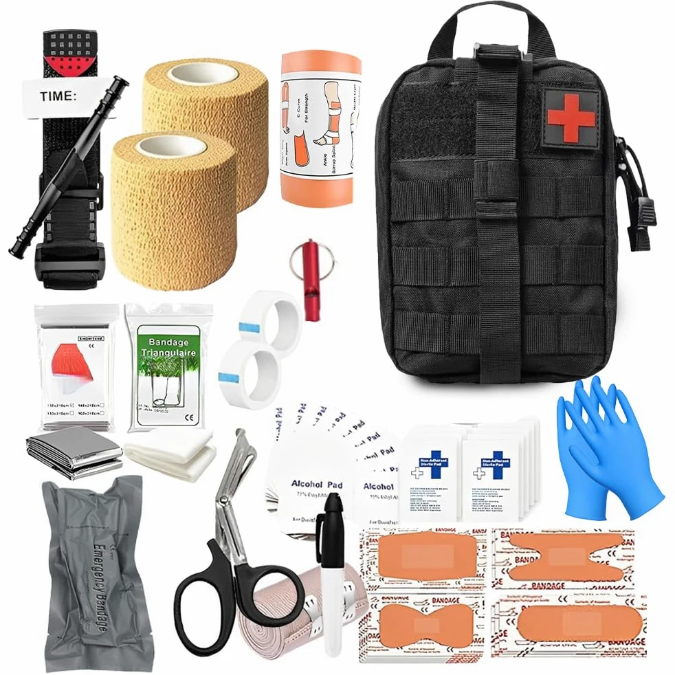 Botiquin de Primeros Auxilios Militar, 61 Piezas Kit Primeros Auxilios Militar, First Aid Kit para El Hogar, El Automóvil, La Escuela, Acampar Al Aire Libre (Negro)