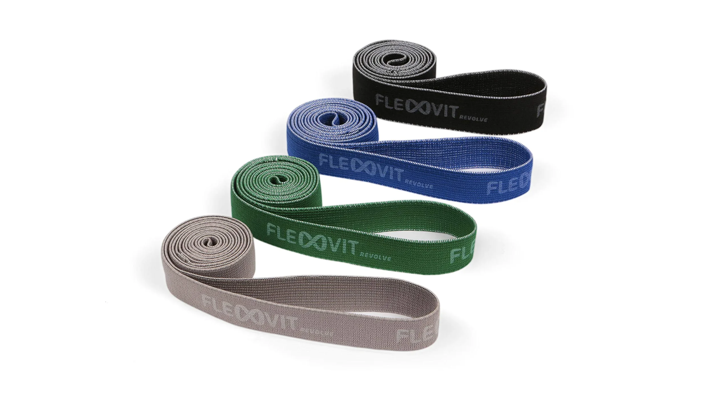 FLEXVIT Revolve - Juego de 4 bandas de fitness para un entrenamiento eficaz de todo el cuerpo, HIT, coordinación, estabilización y rebote, 4 fortalezas, principiantes y profesionales, lavable