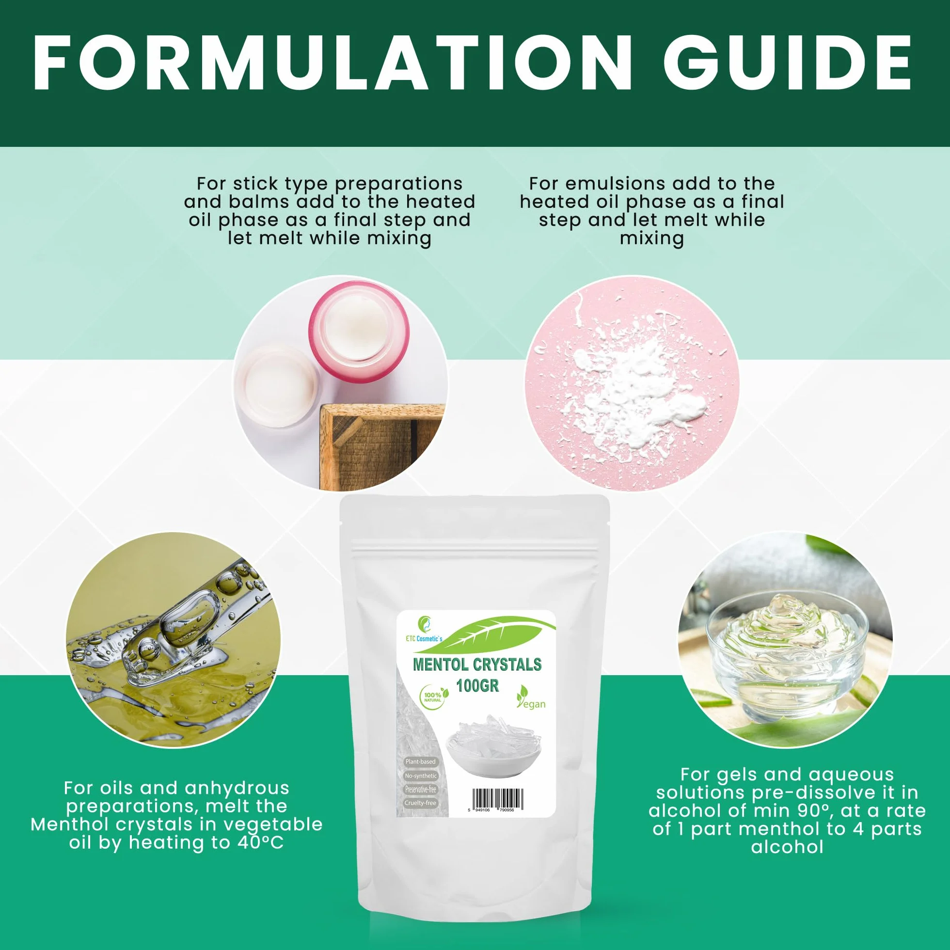 Cristales de Mentol 100 gr Efecto Refrescante Ingrediente Formulación Cosmética Sauna Aceite de Menta