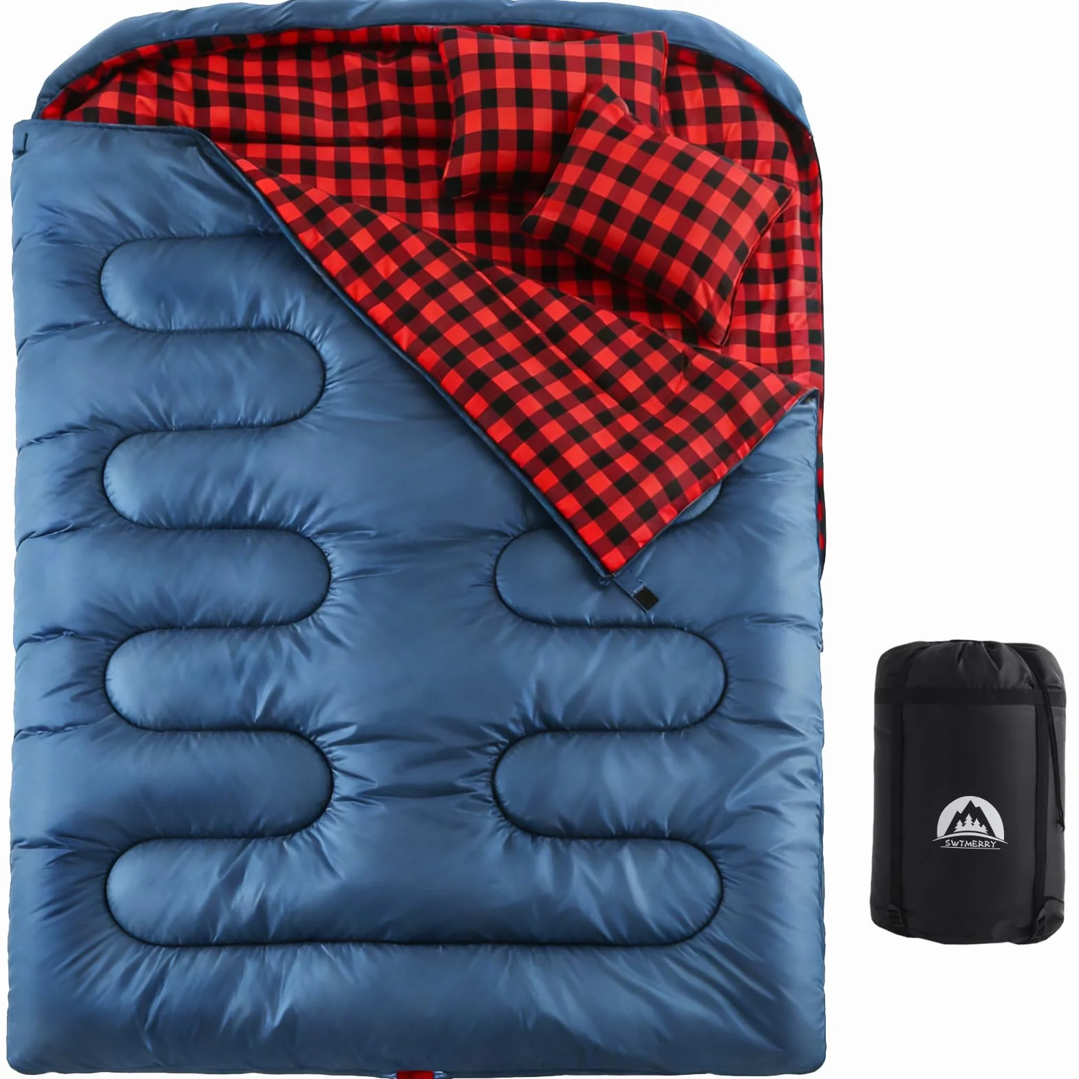 SWTMERRY Saco de dormir doble para camping para adultos, saco de dormir para 2 personas, 230 x 160 cm, con 2 almohadas para familia, exteriores, senderismo, viajes