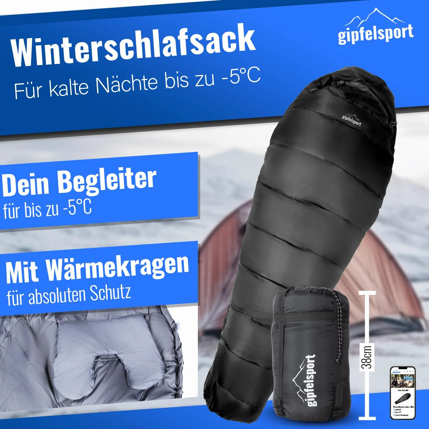 gipfelsport Saco de Dormir Momia - Saco de Dormir de Exterior para Adultos y Niños | para Invierno, Otoño y Primavera