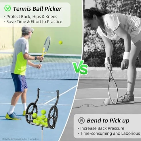 Recogedor de pelotas de tenis, cesta de recogida 2 en 1 con capacidad de 80 pelotas, tolva automática de pelotas con altura ajustable, embudo con asa, para escuela, gimnasio, club