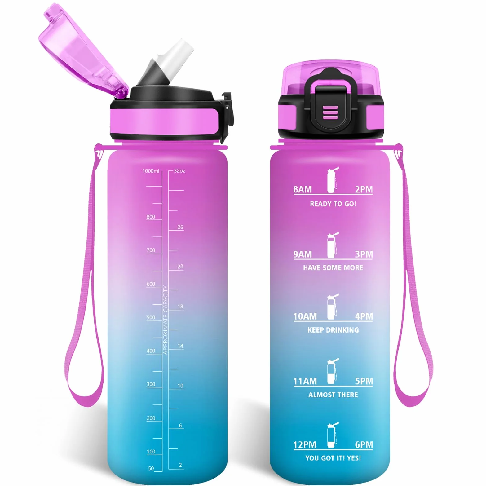HoneyHolly Botella Agua 1 Litro, Libre de BPA & Prueba de Fugas, Botella de Agua, con Pajita, Water Bottle, con Marcador de Tiempo, Cantimplora para Sport, Bicicleta, Gimnasio, Escuela