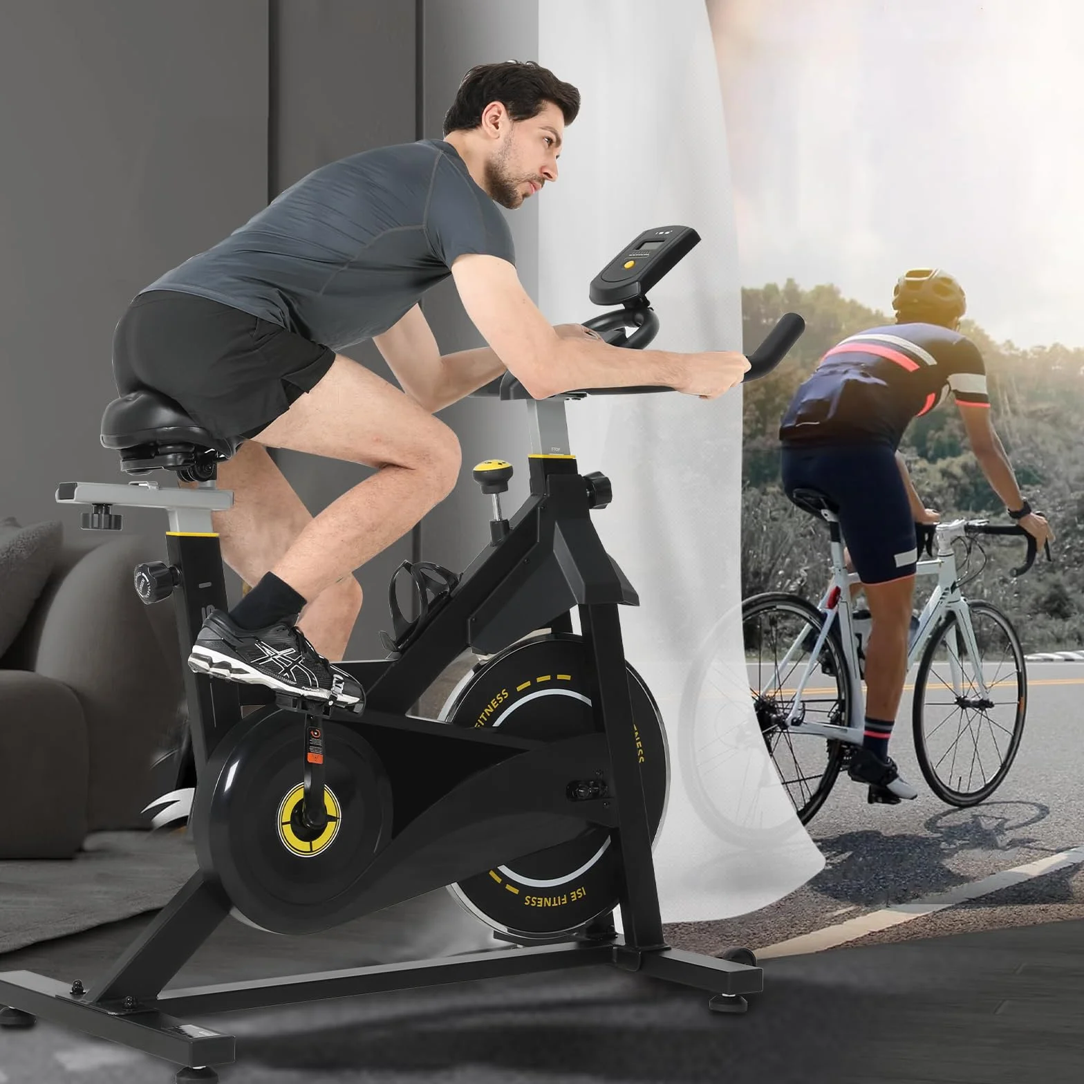 ISE Bicicleta Estática Ajustable Resistencia, Bici Estatica con LCD Pantalla, Soporte para teléfono móvil, Ipad y botella, Bicicleta Profesional, Sillín y Asa Ajustable, Max.120KG