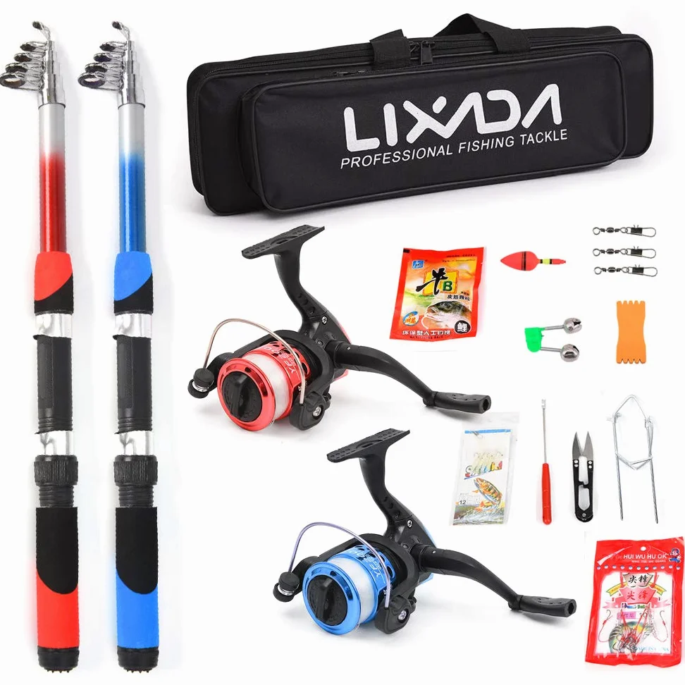Kit Completo de Carrete de caña de Pescar con 2 cañas de Pescar telescópicas de 2,1 m, 2 carretes giratorios, señuelos de Pesca, anzuelos, Accesorios, bols,Combo de caña de Pescar y Carrete