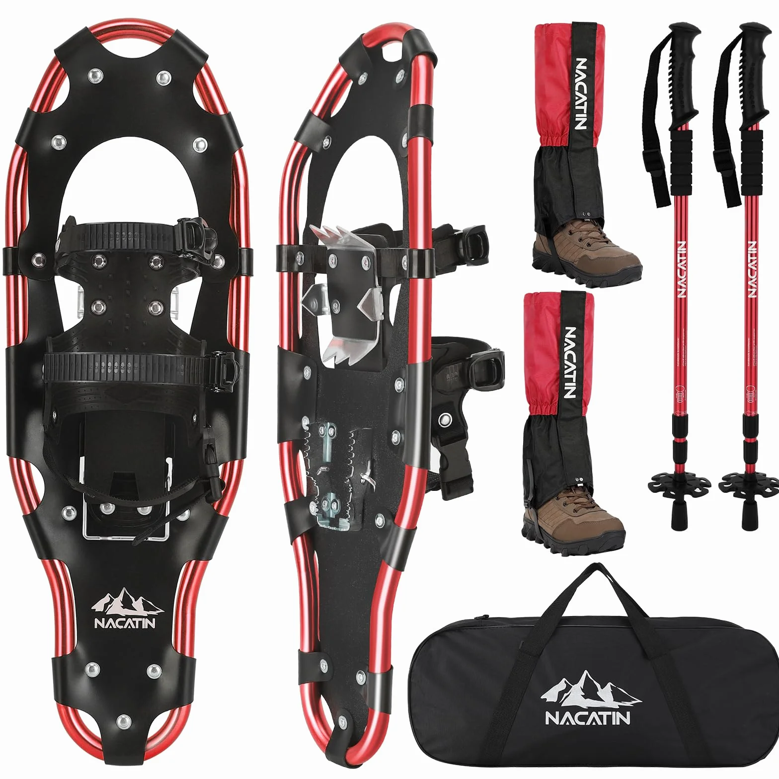 Kit de Raquetas de Nieve 4 en 1 para Hombres, Mujeres y Jóvenes, Raquetas Ligeras de Aluminio con Bastones de Senderismo Ajustables, Polainas Impermeables y Bolsa de Transporte (Rojo, 53/63/76cm)