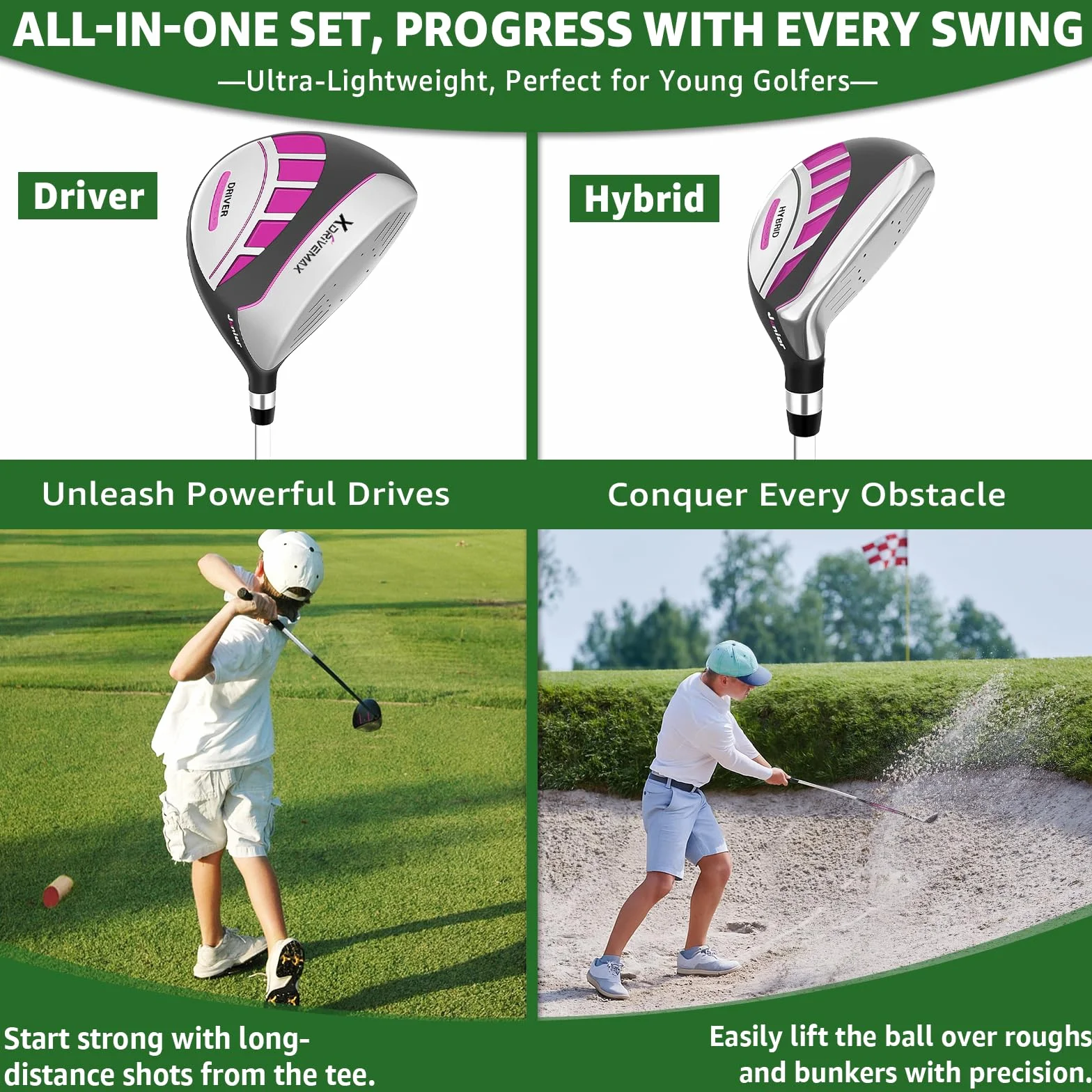 XDriveMax Juego de palos de golf para niños de 5/6 piezas, juego de palos de golf junior de 4 a 12 años, incluye bolsa de soporte, 1# Drive, 5# híbrido, 6/7#, 9/P # hierros y putter mano derecha para
