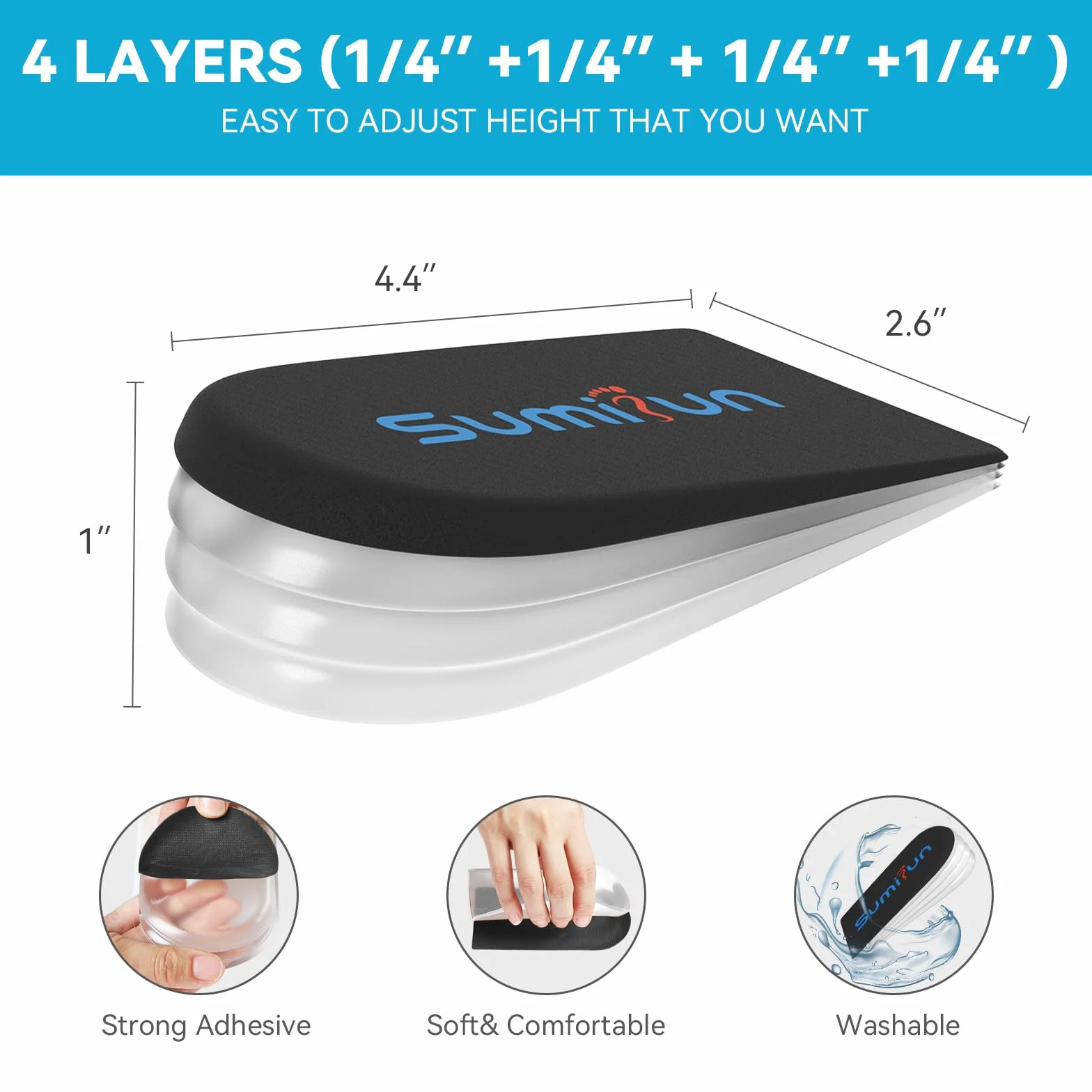 Sumifun Elevador de talón ortopédico ajustable 4 capas de gel 1 pulgada para mujeres con piernas desiguales