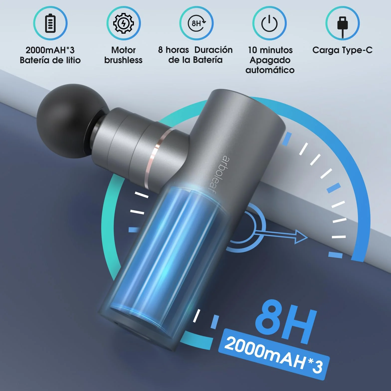 Arboleaf Pistola de Masaje Muscular Mini, Eléctrica 5 Velocidades 4 Cabezales Silicona, 0.47kg 3200rpm Bajo Ruido, 2000mAh Tipo-C Carga Gris