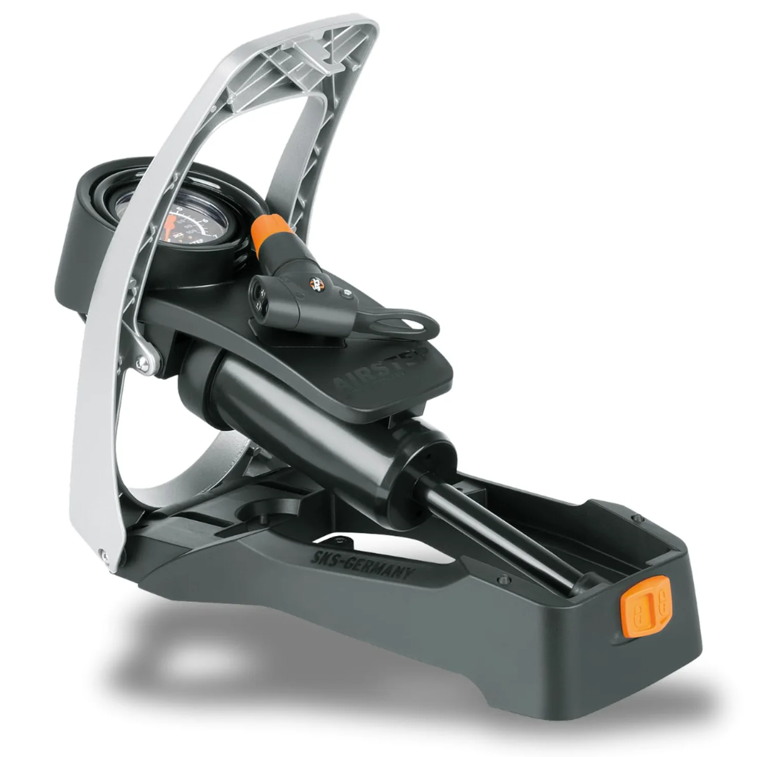SKS Germany Airstep/Airstep Digi Fußpumpe mit integriertem Spiralschlauch (Luftpumpe für Alle Ventilarten, rückenschonendes Pumpen, MAX. Druck: 7 Bar / 102 PSI)