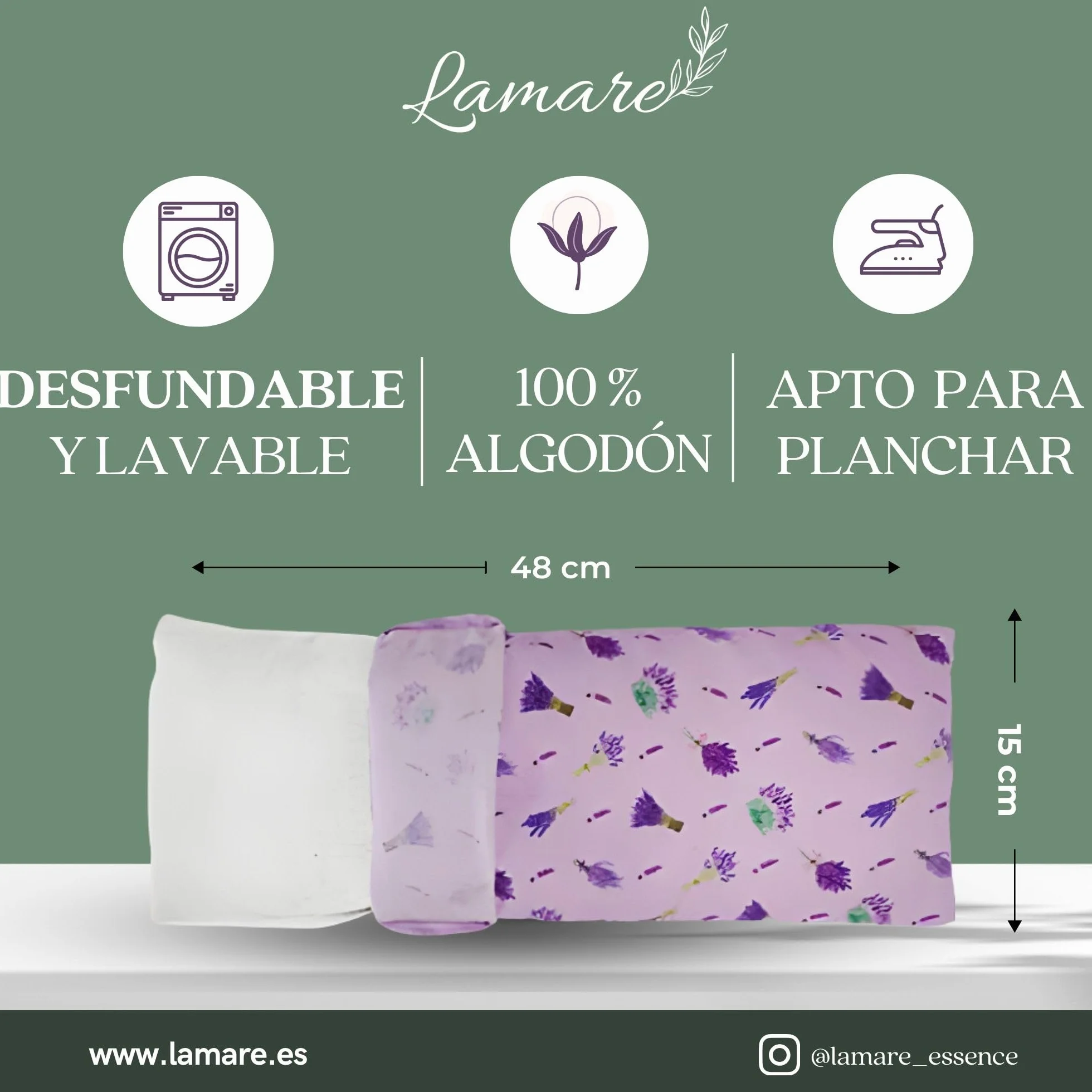 LAMARE Cojín Térmico de Semillas Microondas Trigo y Lavanda 48x15 cm Funda Lavable 100% Algodón