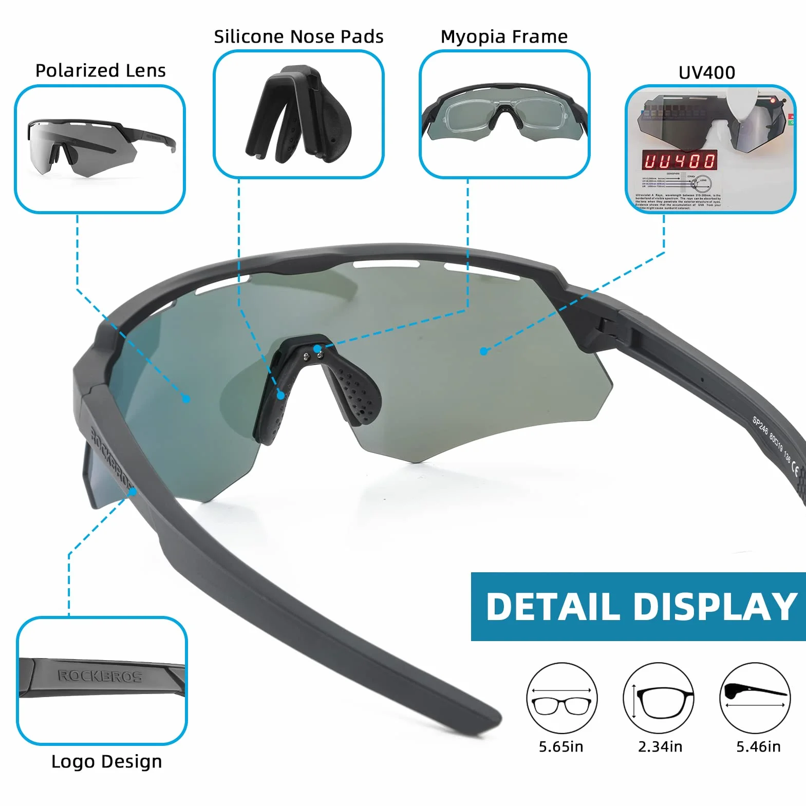 ROCKBROS Gafas de Ciclismo con 4 Lentes Intercambiables para Hombre Mujer, Gafas Polarizadas Montura TR90, Gafas de Sol Deportivas para Bicicleta MTB Running Pesca Deportes
