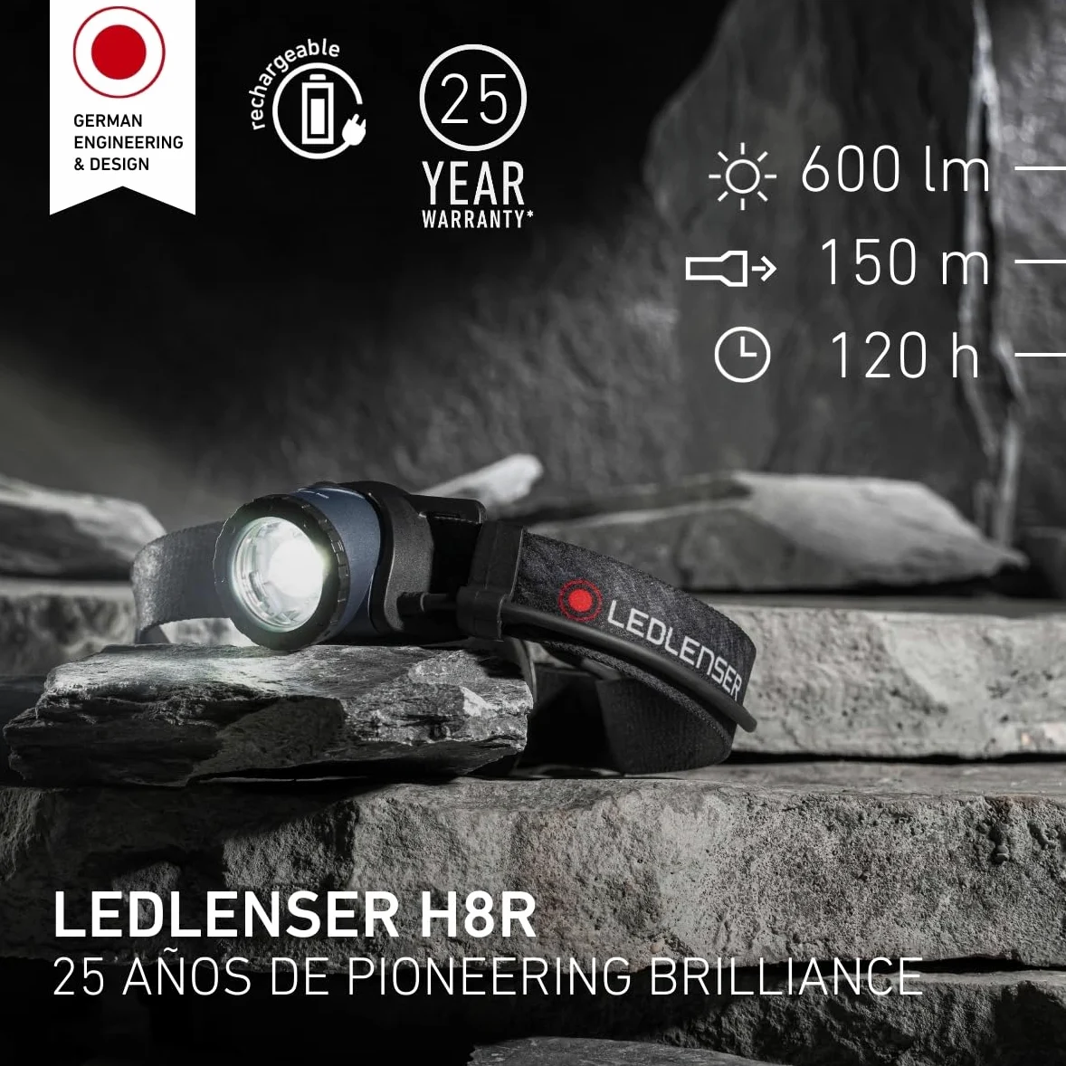 Ledlenser H8R Linterna Frontal Recargable, 600lm, Edición 25 Aniversario | Incluye batería adicional: doble autonomía, alcance 150 m, USB-C, luz roja trasera, IP54, para el trabajo, camping y pesca