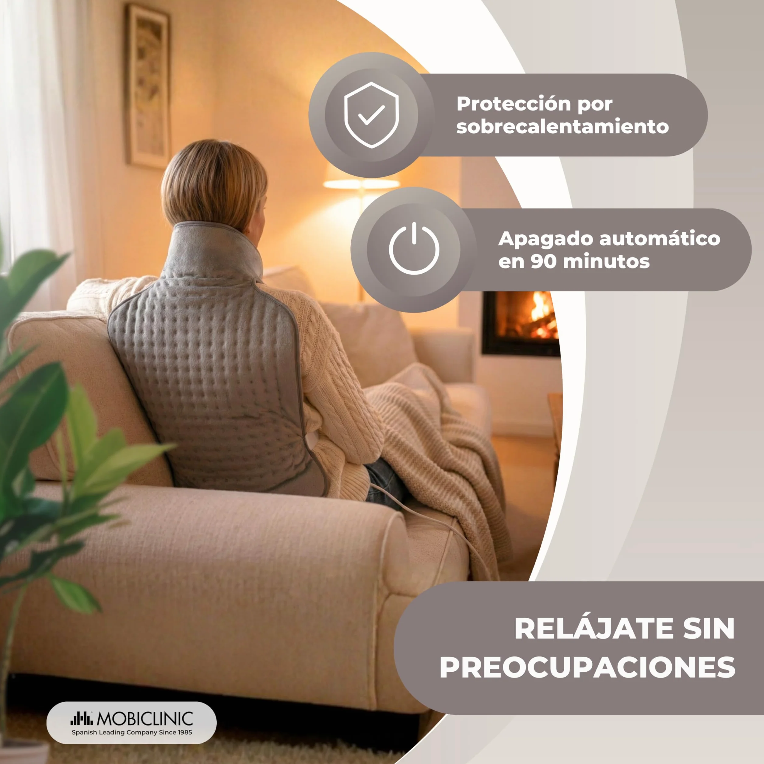 Mobiclinic Almohadilla eléctrica dorsal cervical 62x43 100W 3 niveles calor Apagado automático Lavable