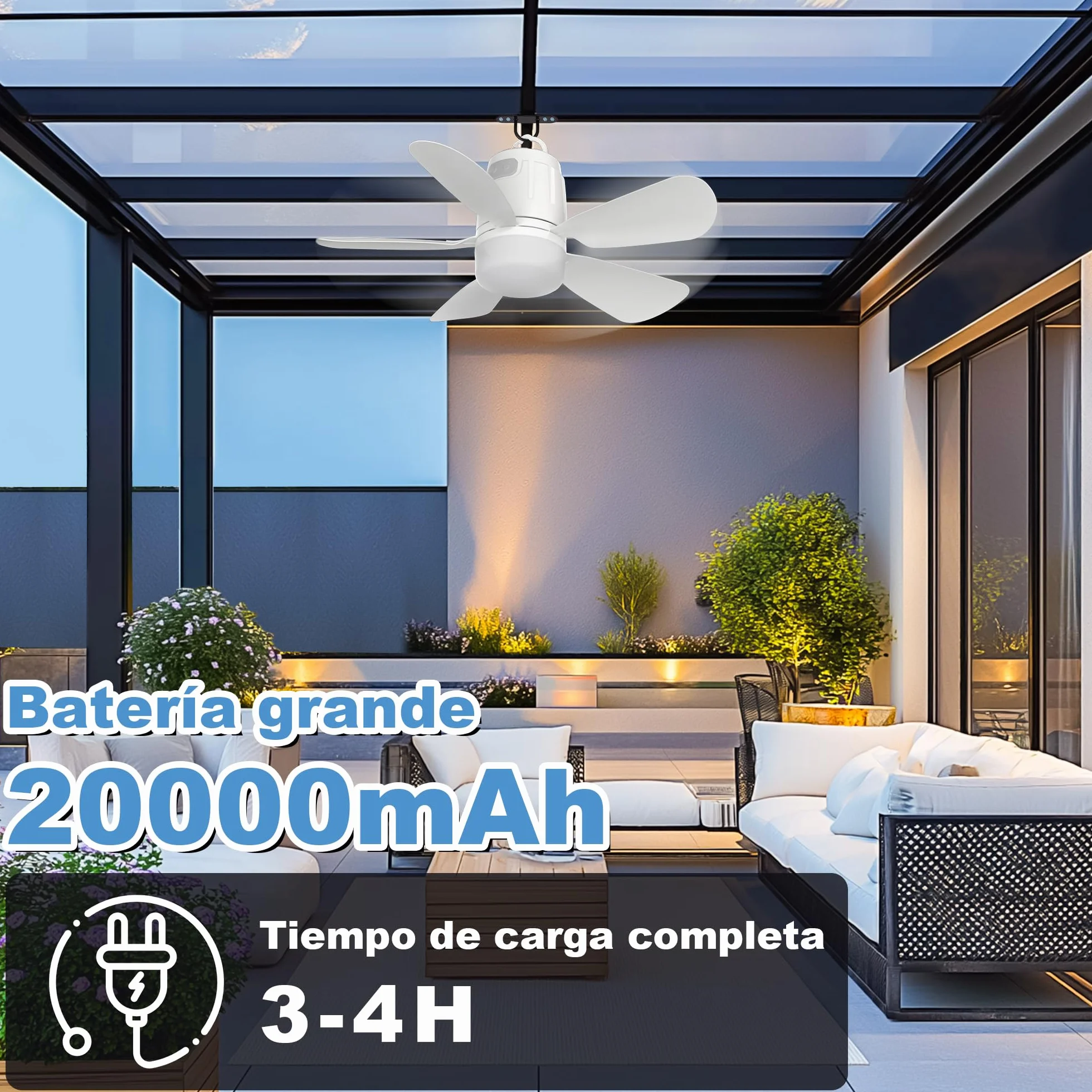 Ventilador Techo Exterior 50CM 20000mAh Recargable con Luz y Mando a Distancia Blanco