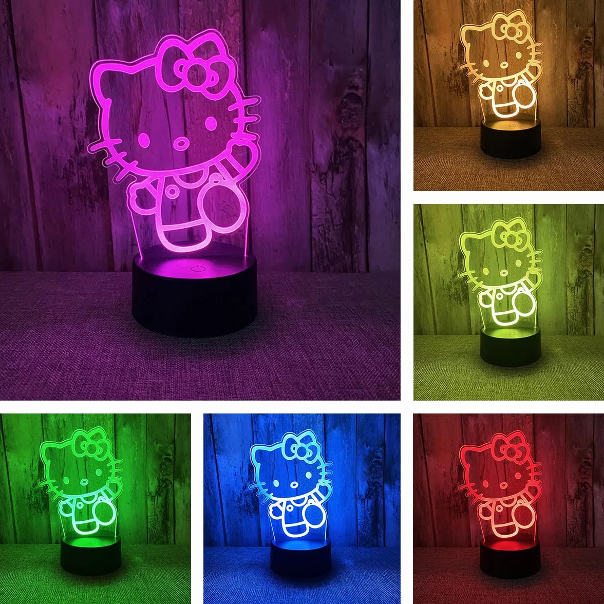 Lámpara Infantil 3D Tridimensional Gato Kitty, Control Táctil Inteligente 7 Colores LED, Accesorio Decorativo