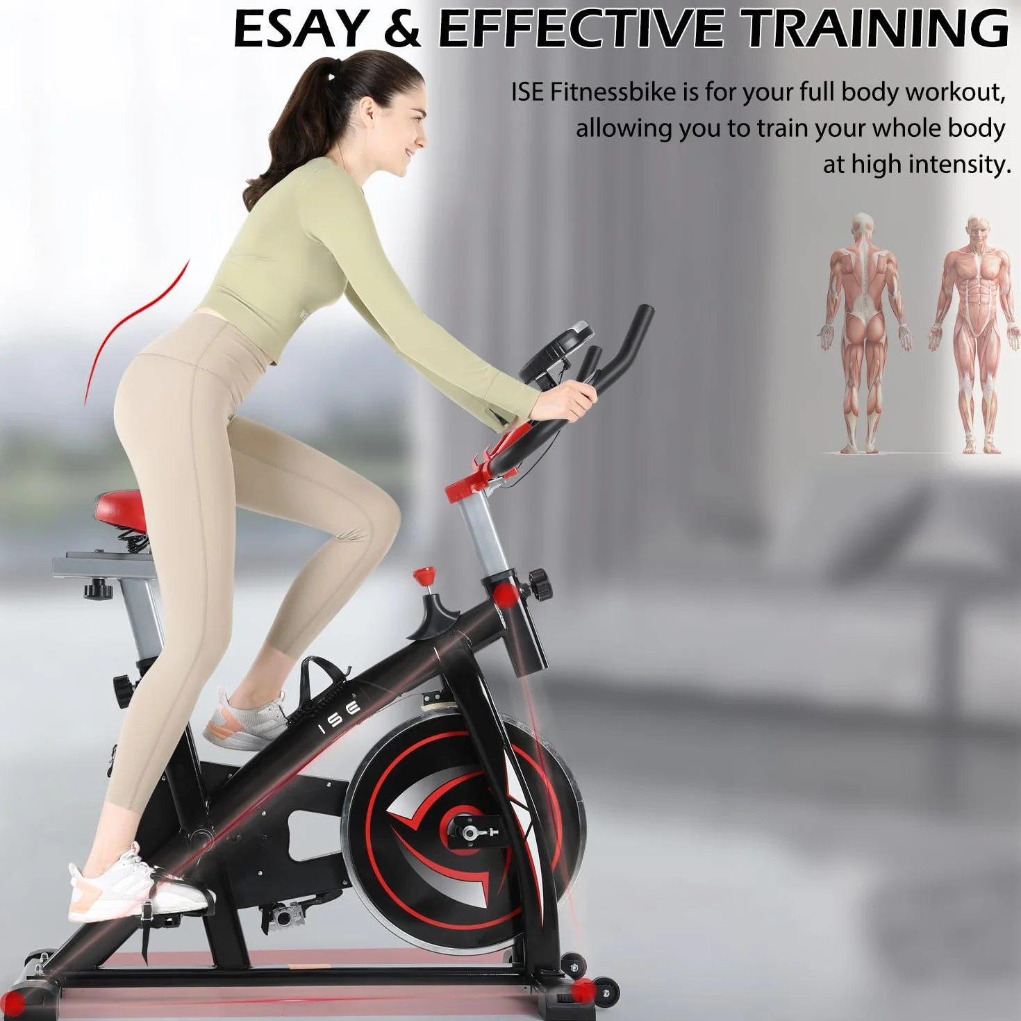 ISE Bicicleta Estática Indoor, Volante de Inercia 9KG, Bici Estatica Ajustable Resistencia, Bicicleta Profesional con Pantalla,Soporte, Sillín y Asa Ajustablesa, Max.120KG