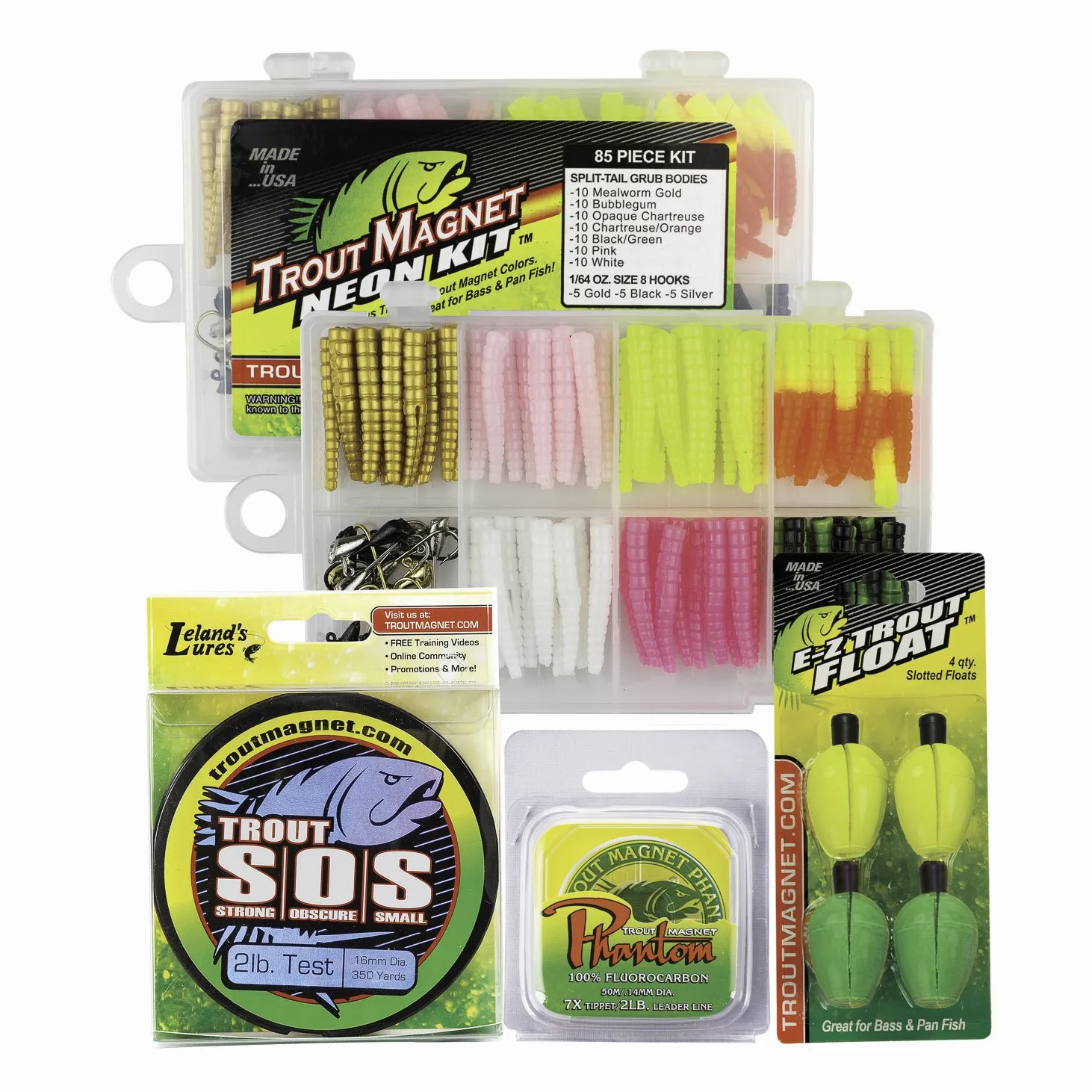 Trout Magnet Ultimate Bundle - Kit de Equipo de Pesca de Trucha de 82 Piezas, sedal Trout S.O.S. de 320 m, sedal de Pesca de monofilamento, Cabeza de sedal de fluorocarbono Phantom y 4 flotadores