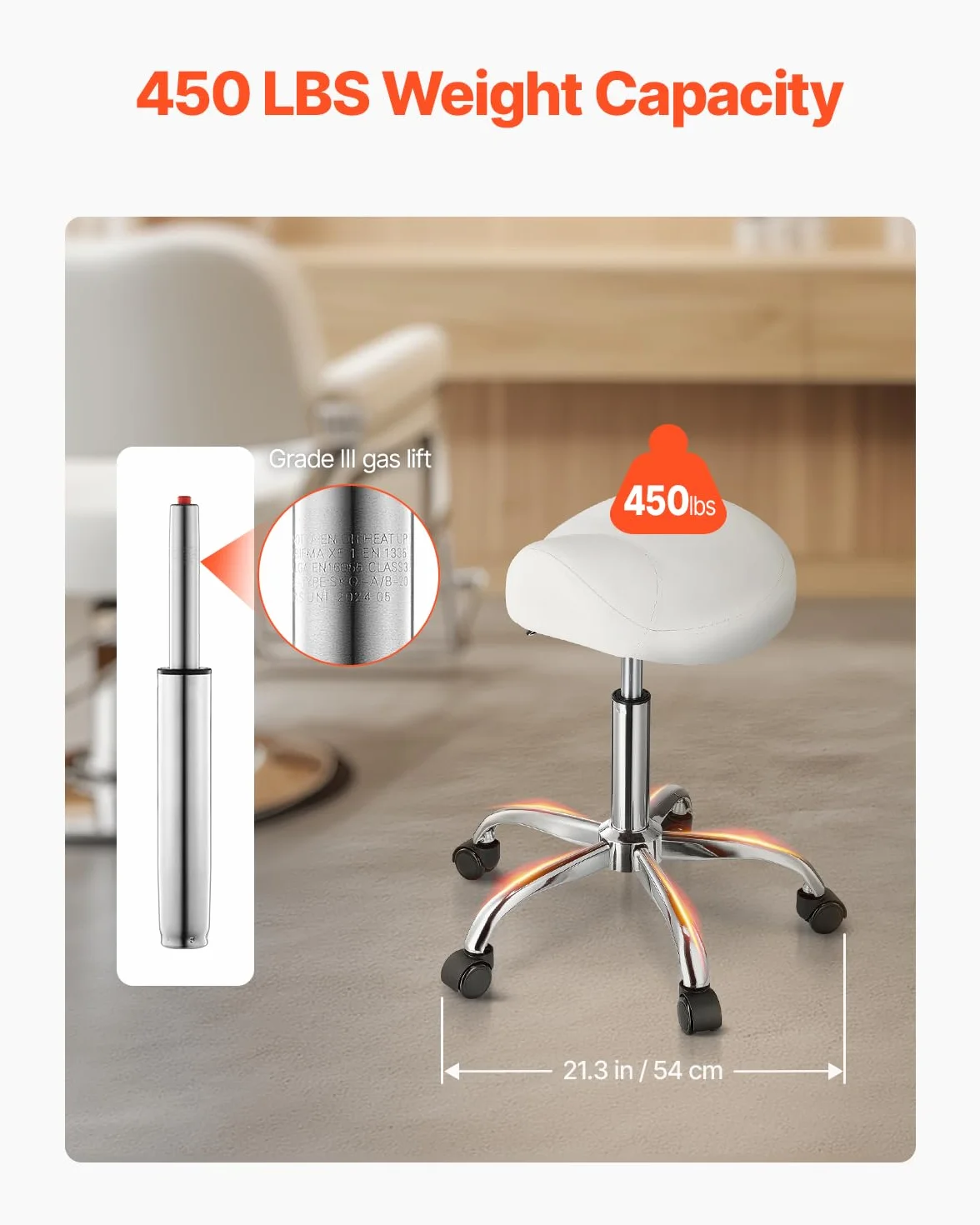 VEVOR Taburete Giratorio de Altura Ajustable 55-71 cm, Carga 204 kg, Silla de Montar Ergonómica Cuero PU, Blanco