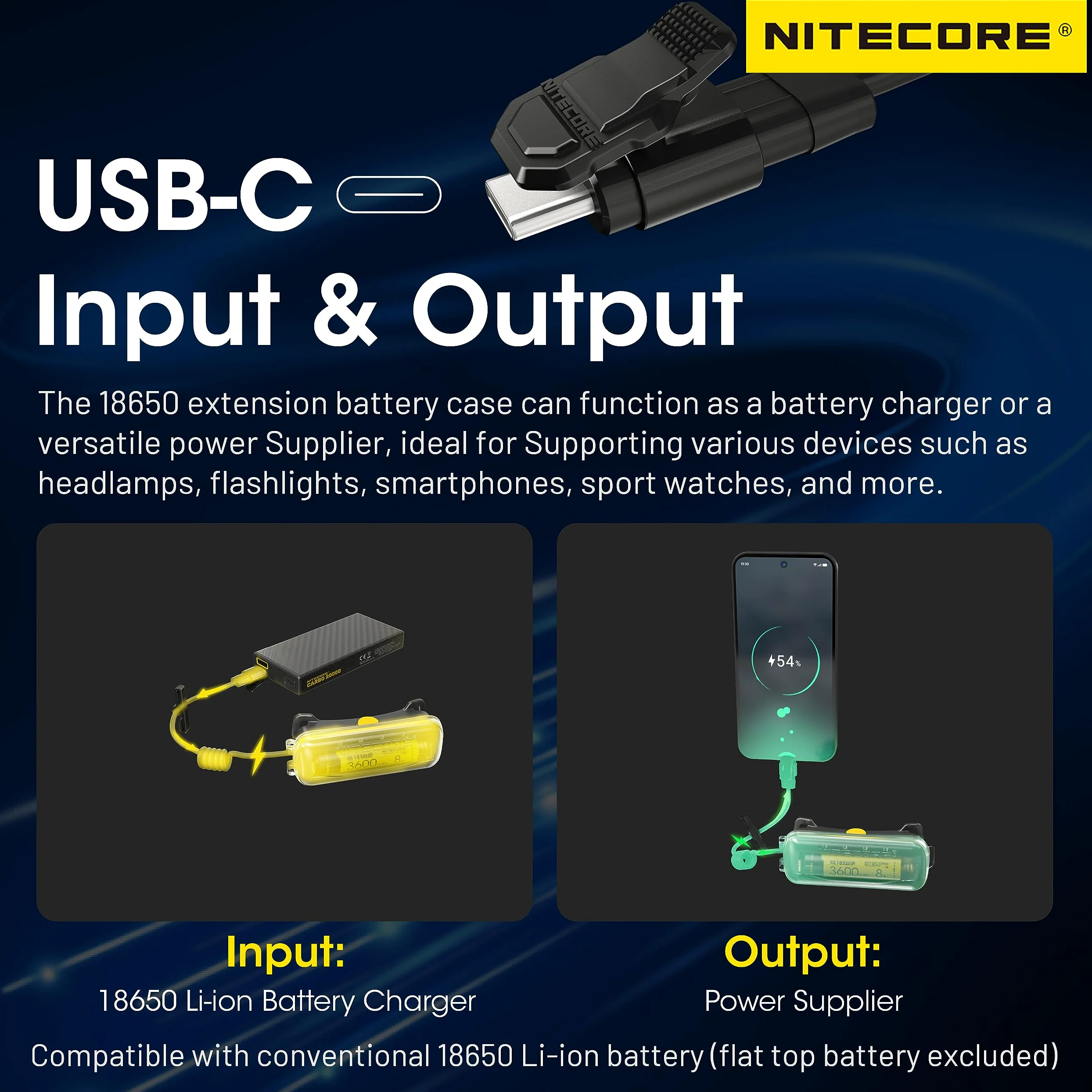 NITECORE Carcasa de batería USB-C para batería 18650