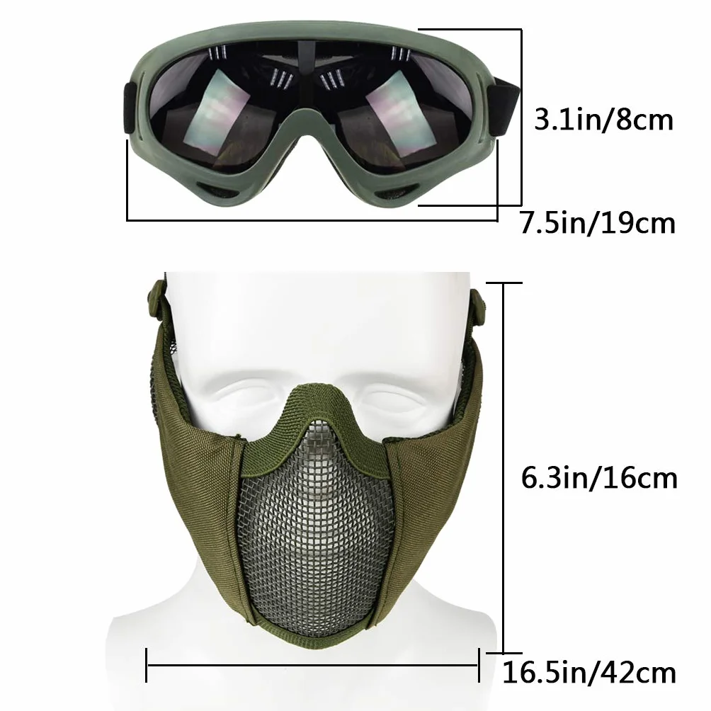 Juego de protección para airsoft máscara de malla media cara con protección auditiva y gafas para caza paintball tiro