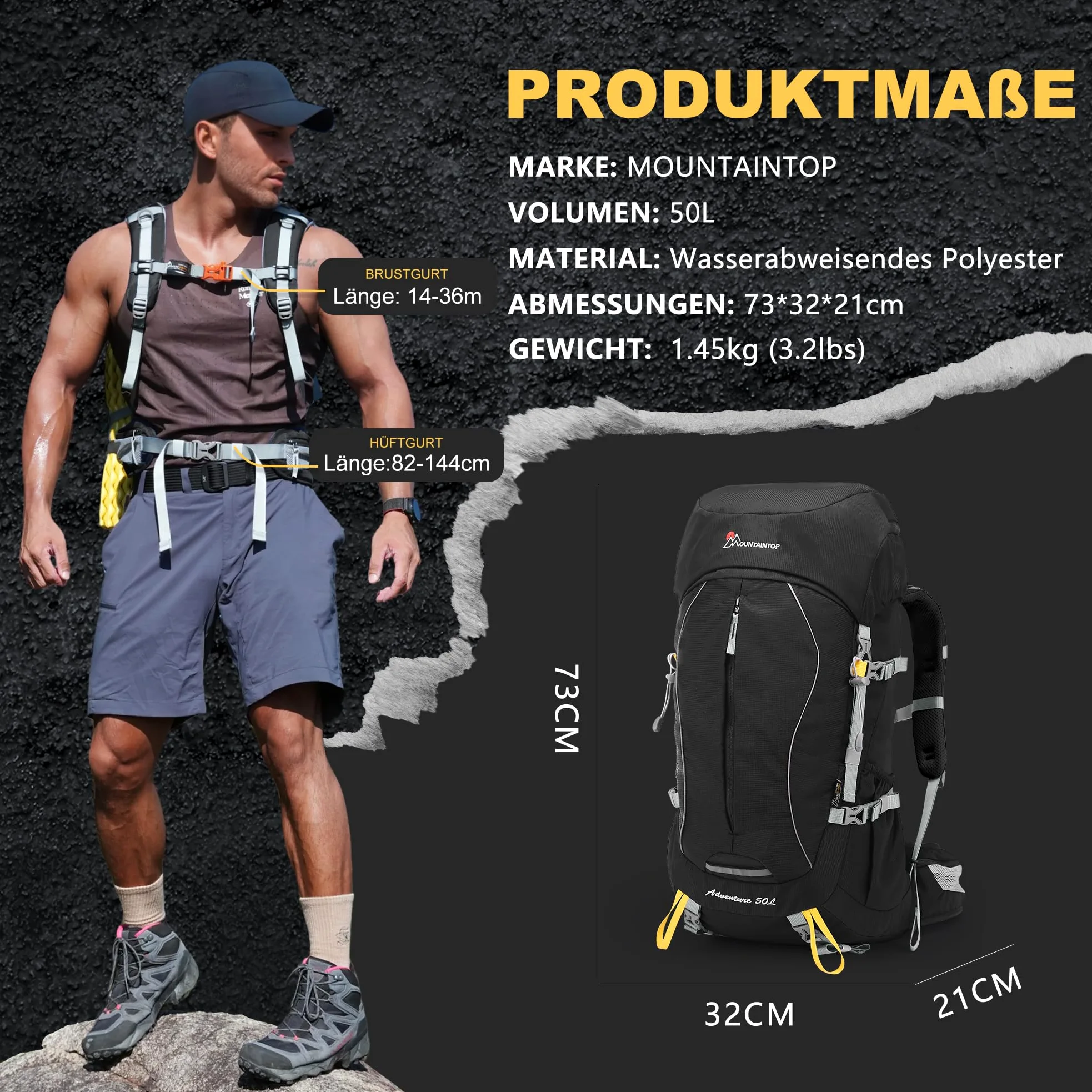 MOUNTAINTOP Mochila Trekking 50L Hombre Mujer Funda Lluvia | Ideal para senderismo montaña acampada y viajes de varios días, cremalleras YKK, soporte lumbar cinturón acolchado