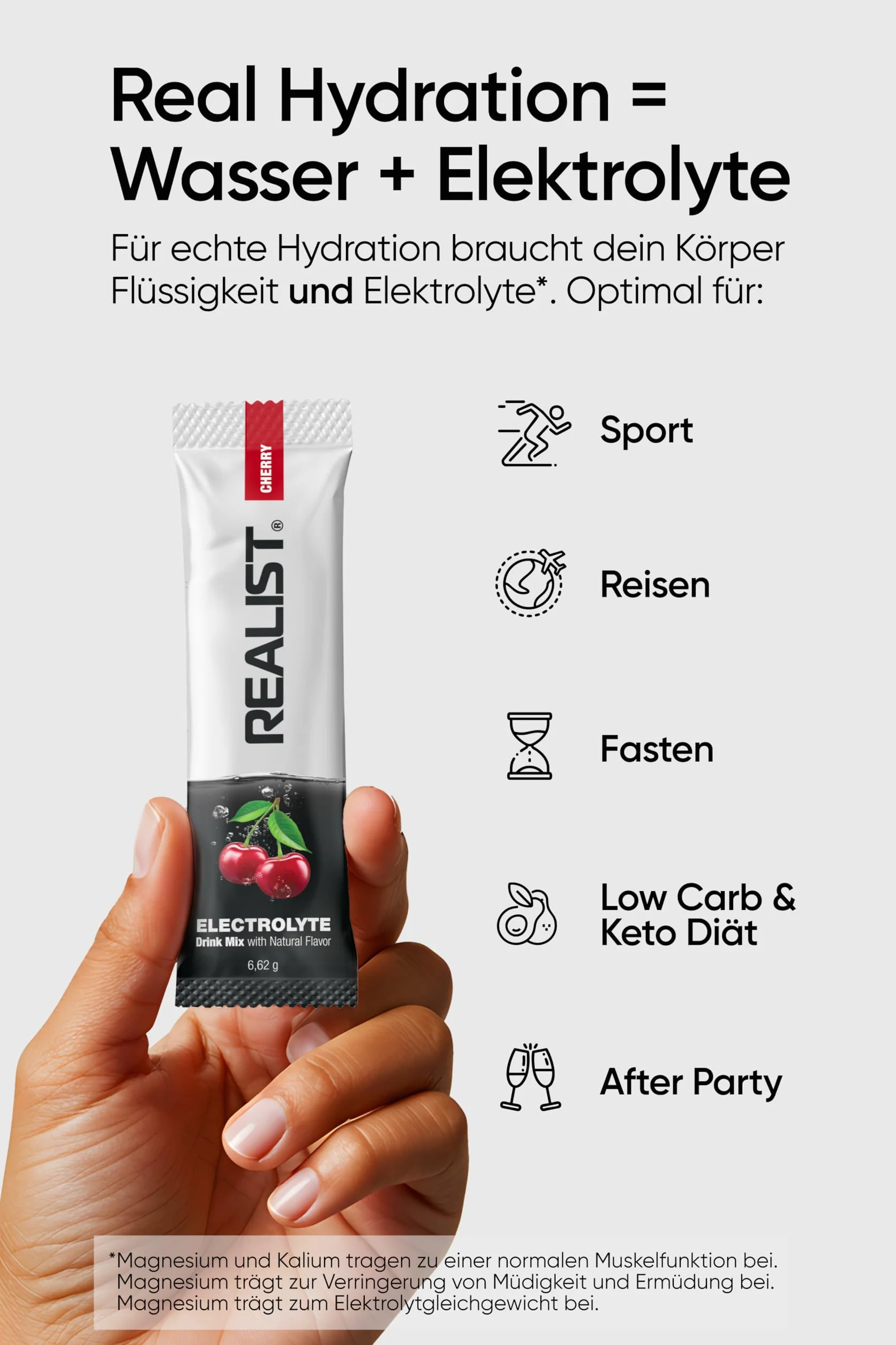 REALIST Electrolitos sin azúcar – Polvo electrolito con 1000 mg sodio, 330 mg potasio, 60 mg magnesio – Hidratación Rápida – Deportes, KETO, ayuno (30 sobres)