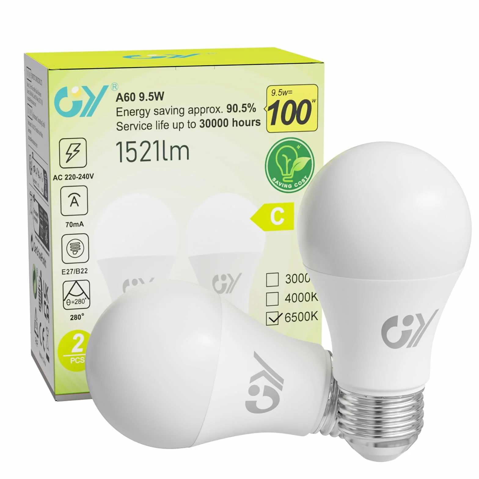 GY Bombillas LED E27 6500K 9,5W 1521 Lúmenes A60 No Regulable Caja de 2